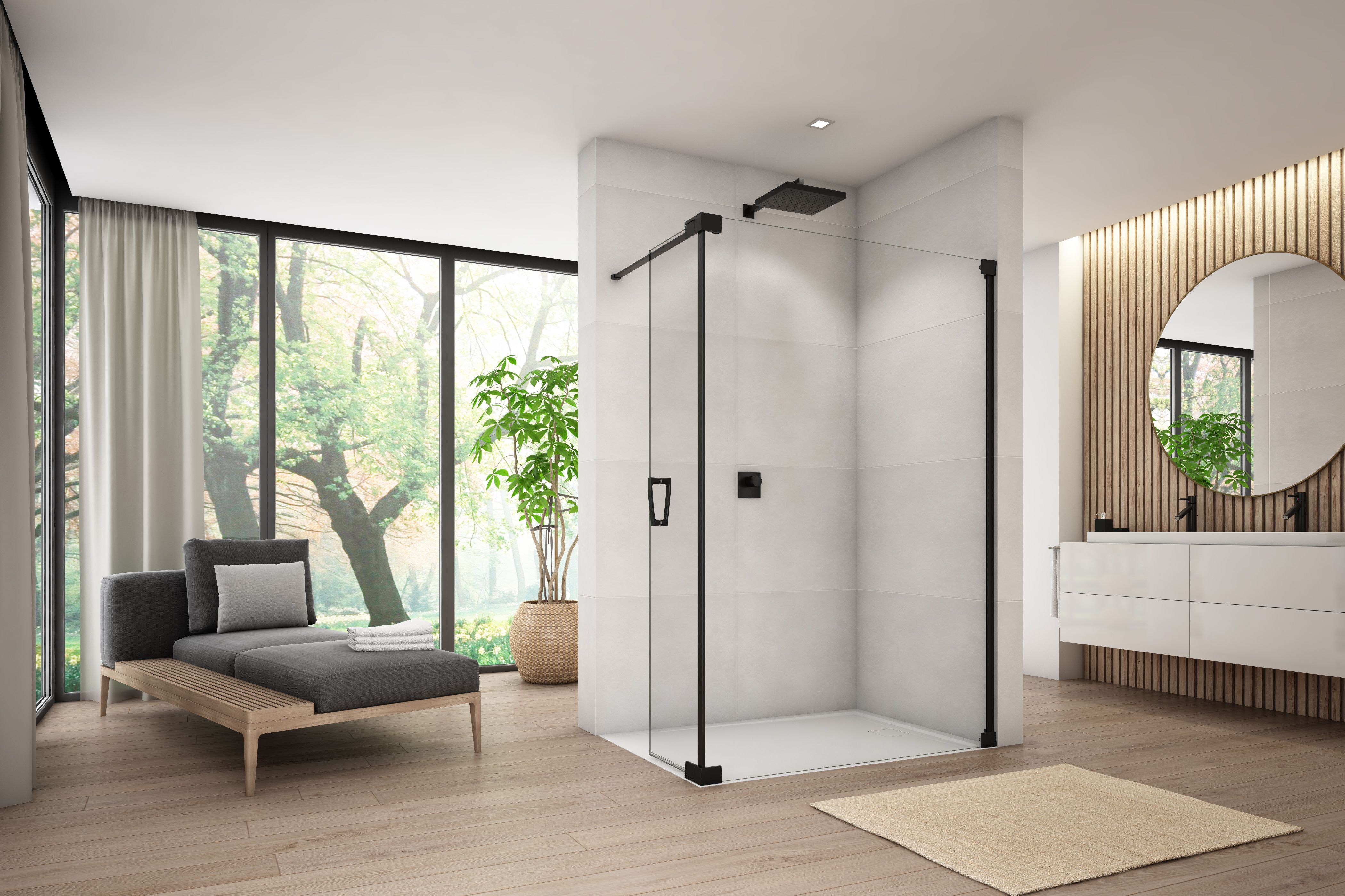 SanSwiss Cadura Caduo ścianka prysznicowa 100 cm wolnostojąca prawa z elementem ruchomym czarny mat/szkło przezroczyste CADUOD1000607