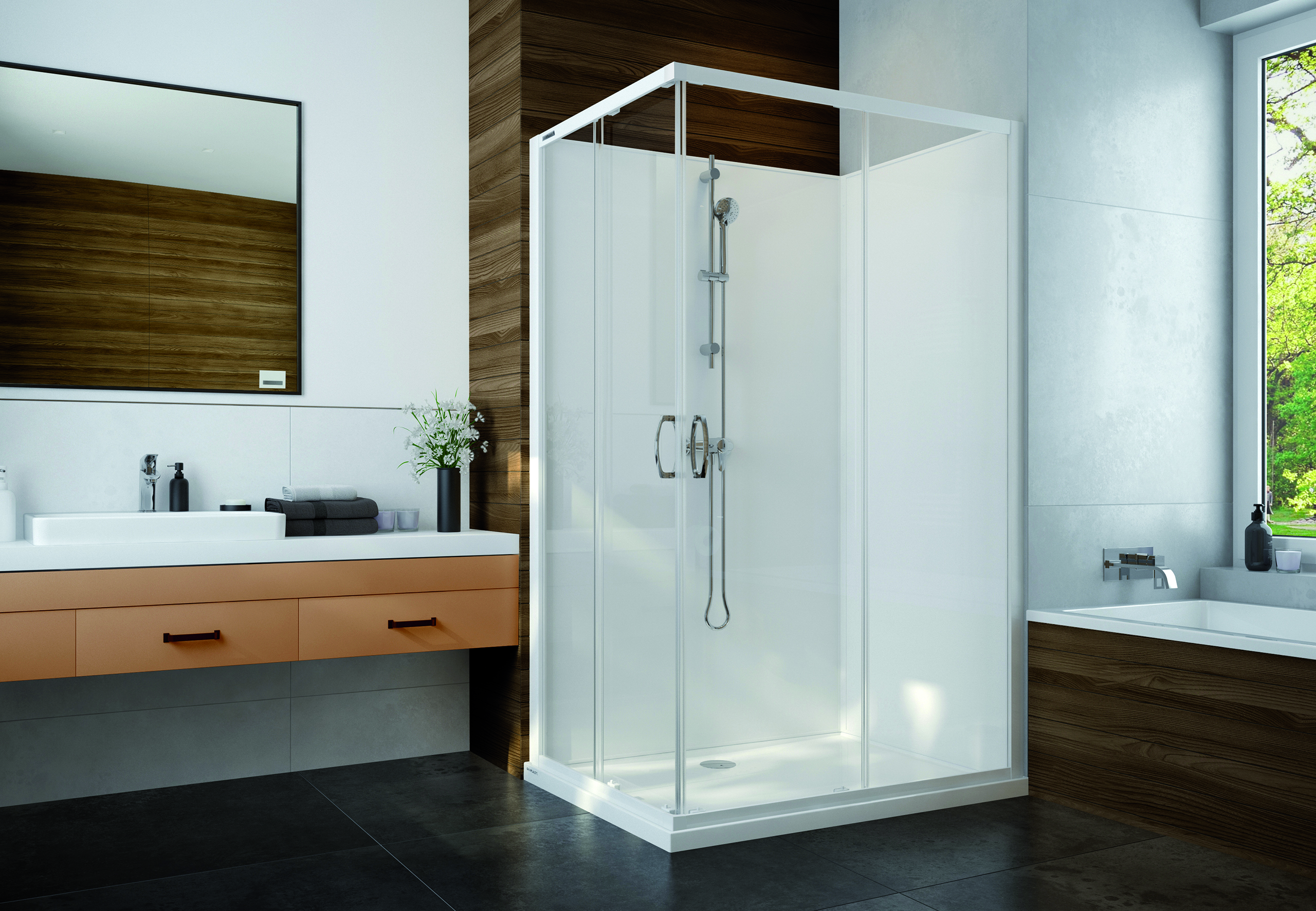 Sanplast Basic Complete Mineral kabina z brodzikiem i zestawem prysznicowym 100x80 cm prostokątna biały połysk/szkło przezroczyste ...