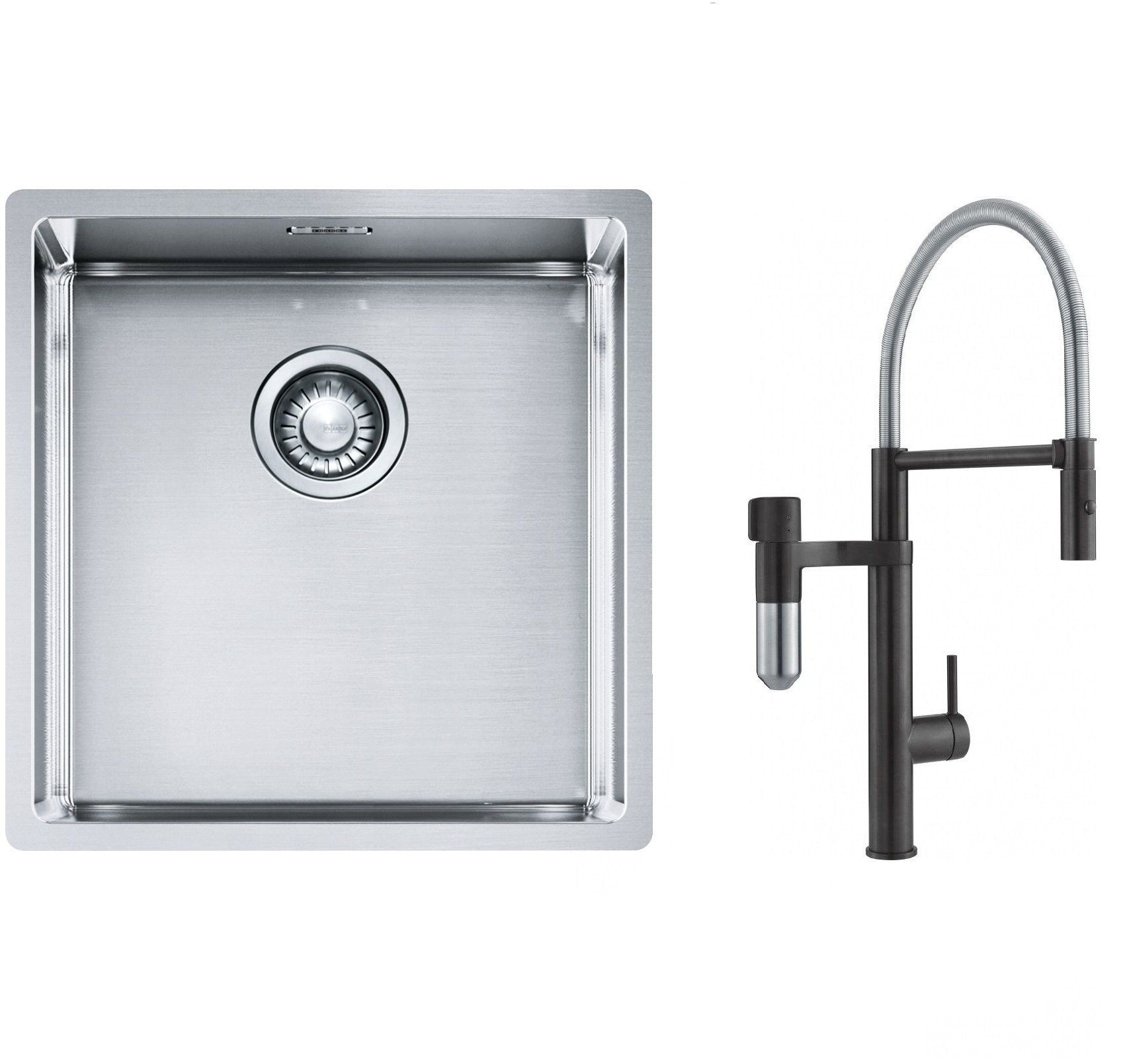 Franke Box BXX 210/110-40 zlewozmywak 45x44 cm stalowy z baterią kuchenną Vital Semi-Pro czarny mat/stal (1270453654, 1200621313)