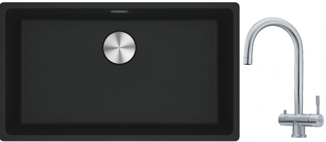 Franke Maris MRG 110-72 zlewozmywak 72x40 cm Fragranite czarny mat z baterią kuchenną Eos stal szlachetna (1250687260, 1200179979)