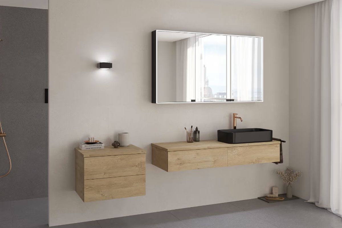 Kronenbach Cube szafka z blatem 141x48,7x23,5 cm podumywalkowa wisząca jasny dąb KBWTKOWTL1412GH