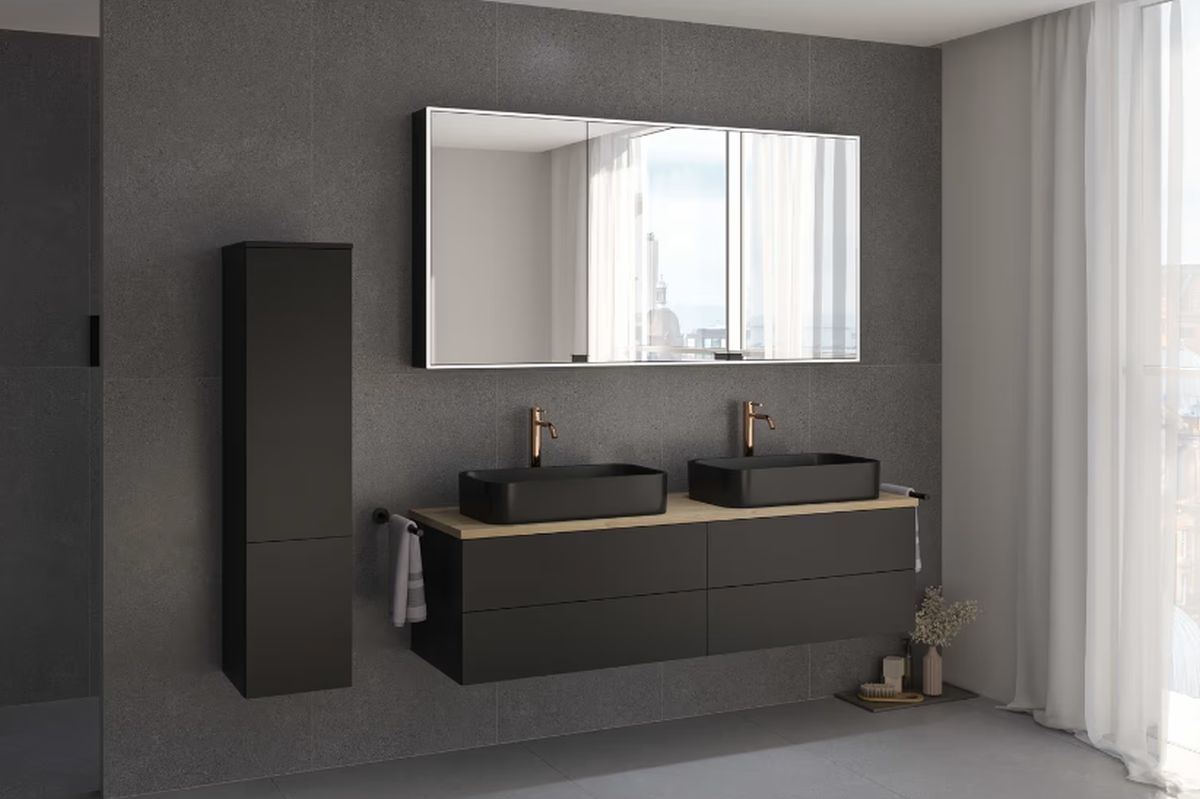 Kronenbach Cube szafka z blatem 161x48,7x44,5 cm podumywalkowa wisząca czarny mat-jasny dąb KBWTKOWT1614SMGH