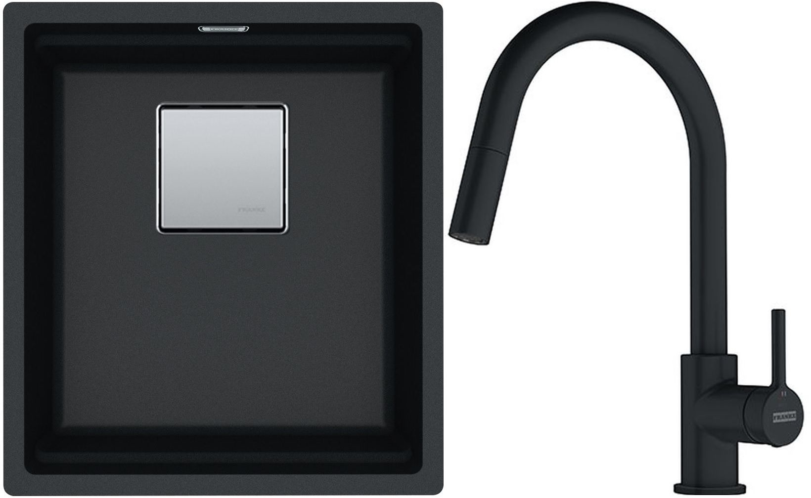 Franke Kanon KNG 110-37 zlewozmywak 37x42 cm Fragranite onyx z baterią kuchenną Lina Pull-Out czarny mat (1250528628, 1150626053)
