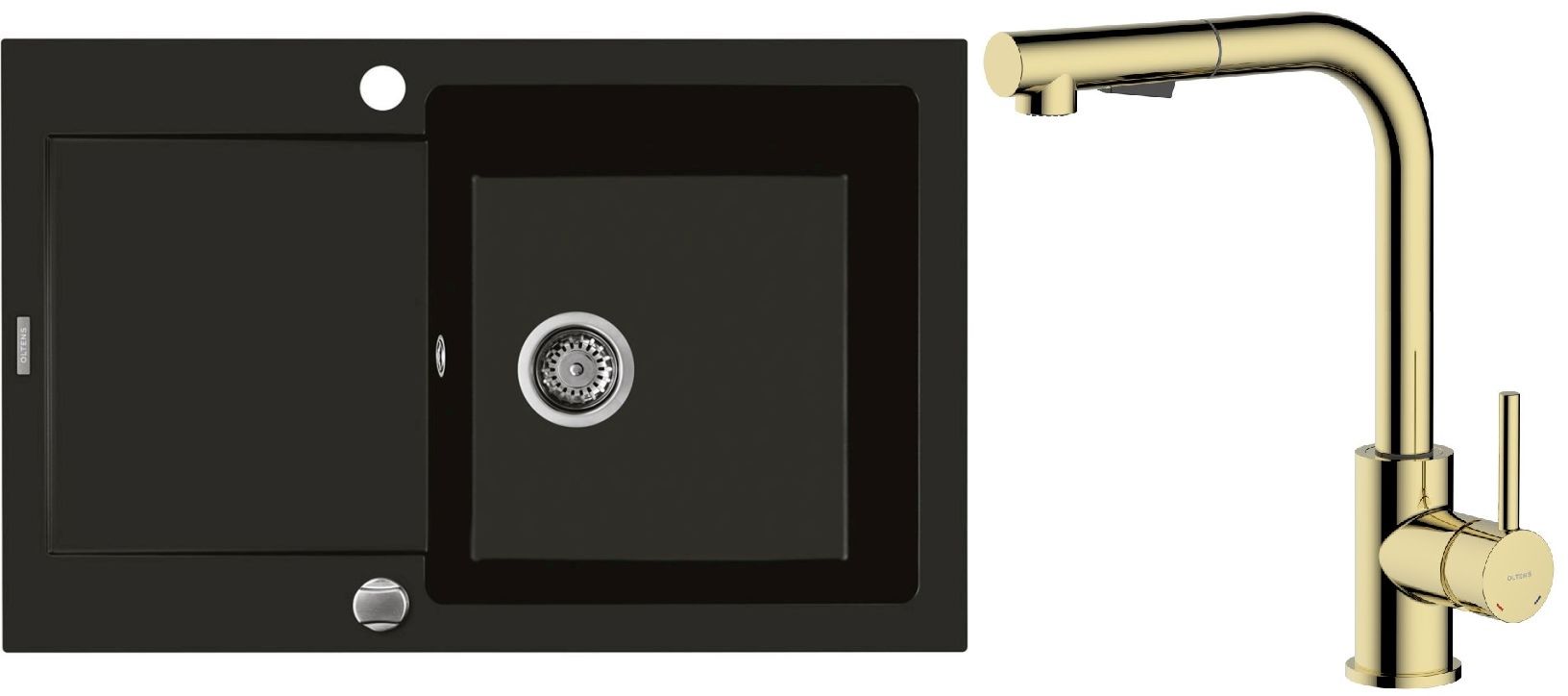 Zestaw Oltens Gravan zlewozmywak granitowy 1-komorowy 79x50 cm z baterią kuchenną Myvat czarny mat/złoty połysk (72100300, 35205800) - Wysyłka w 24h
