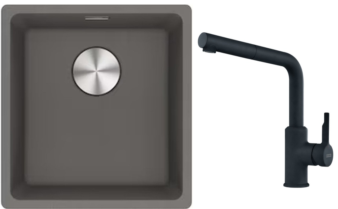 Franke Maris MRG 110-37 zlewozmywak 40x37 cm Fragranite kamienny szary z baterią kuchenną Urban czarny mat (1250687250, 1150627523)