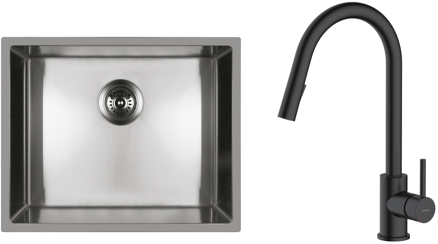 Zestaw Oltens Stalvask zlewozmywak stalowy 54x44 cm z baterią kuchenną Litla stal polerowana/czarny mat (71101100, 35204300) - Wysyłka w 24h
