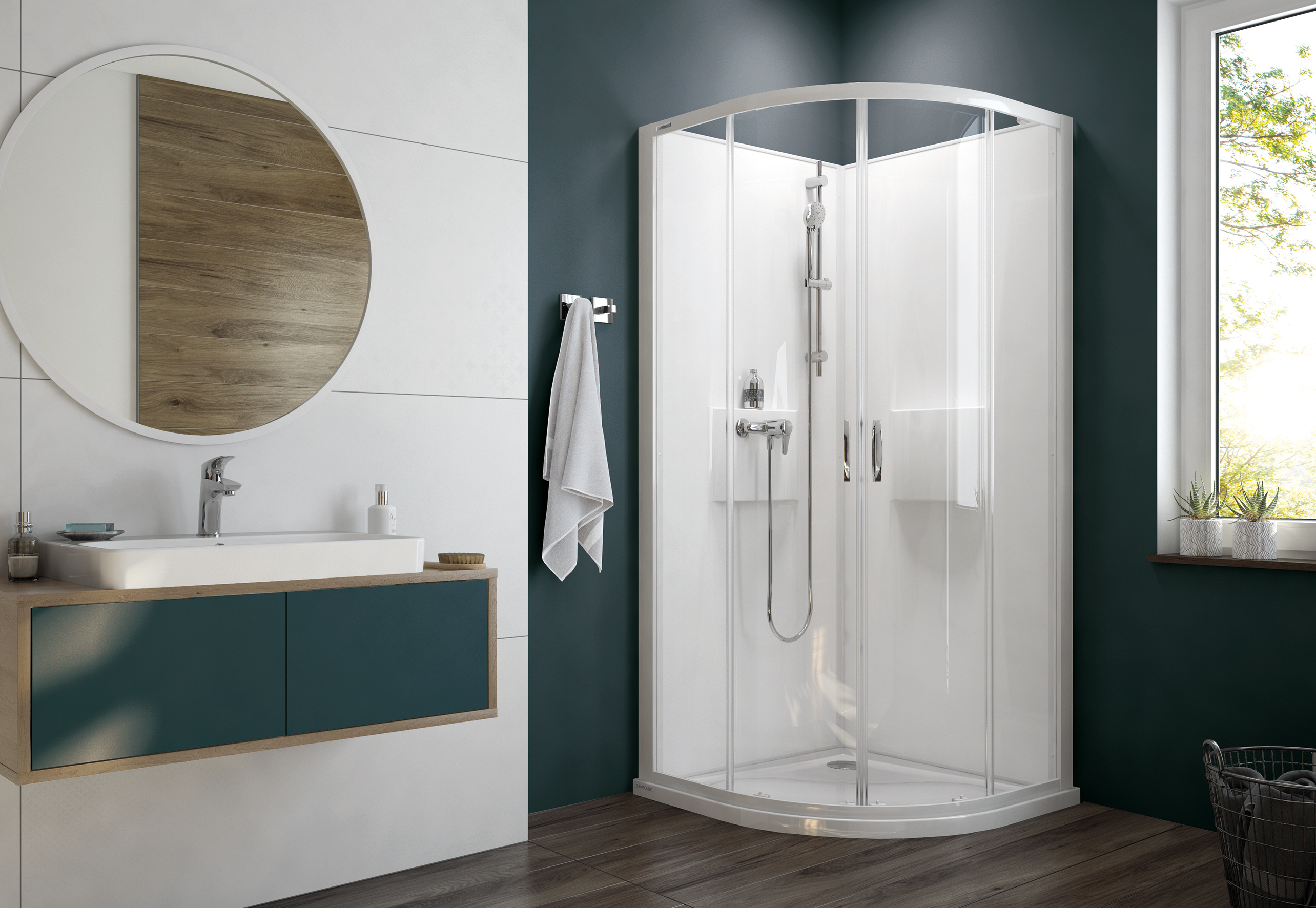 Sanplast Basic Complete Mineral kabina z brodzikiem i zestawem prysznicowym 80x80 cm półokrągła biały połysk/szkło przezroczyste ...