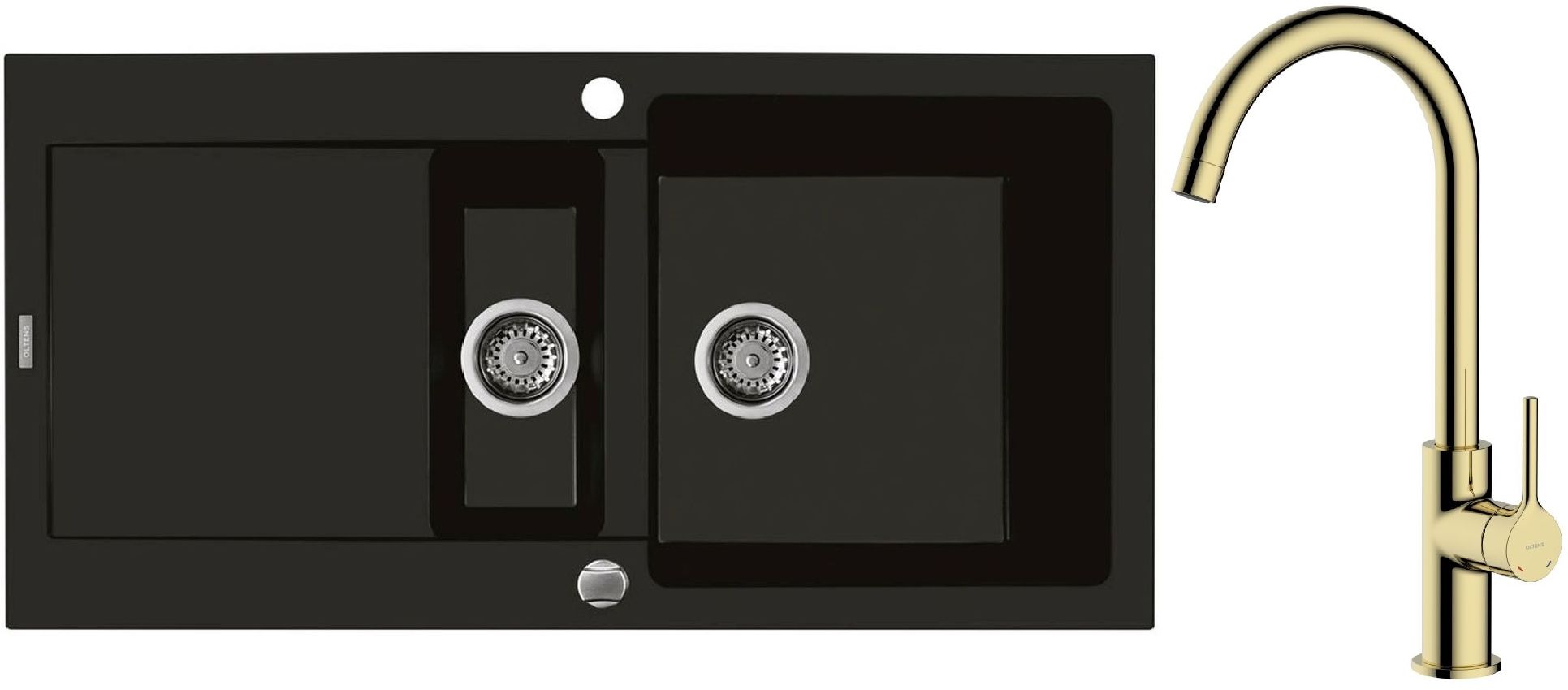 Zestaw Oltens Gravan zlewozmywak granitowy 1,5-komorowy 100x50 cm z baterią kuchenną Skafta czarny mat/złoty połysk (72300300, 35206800) - Wysyłka w 