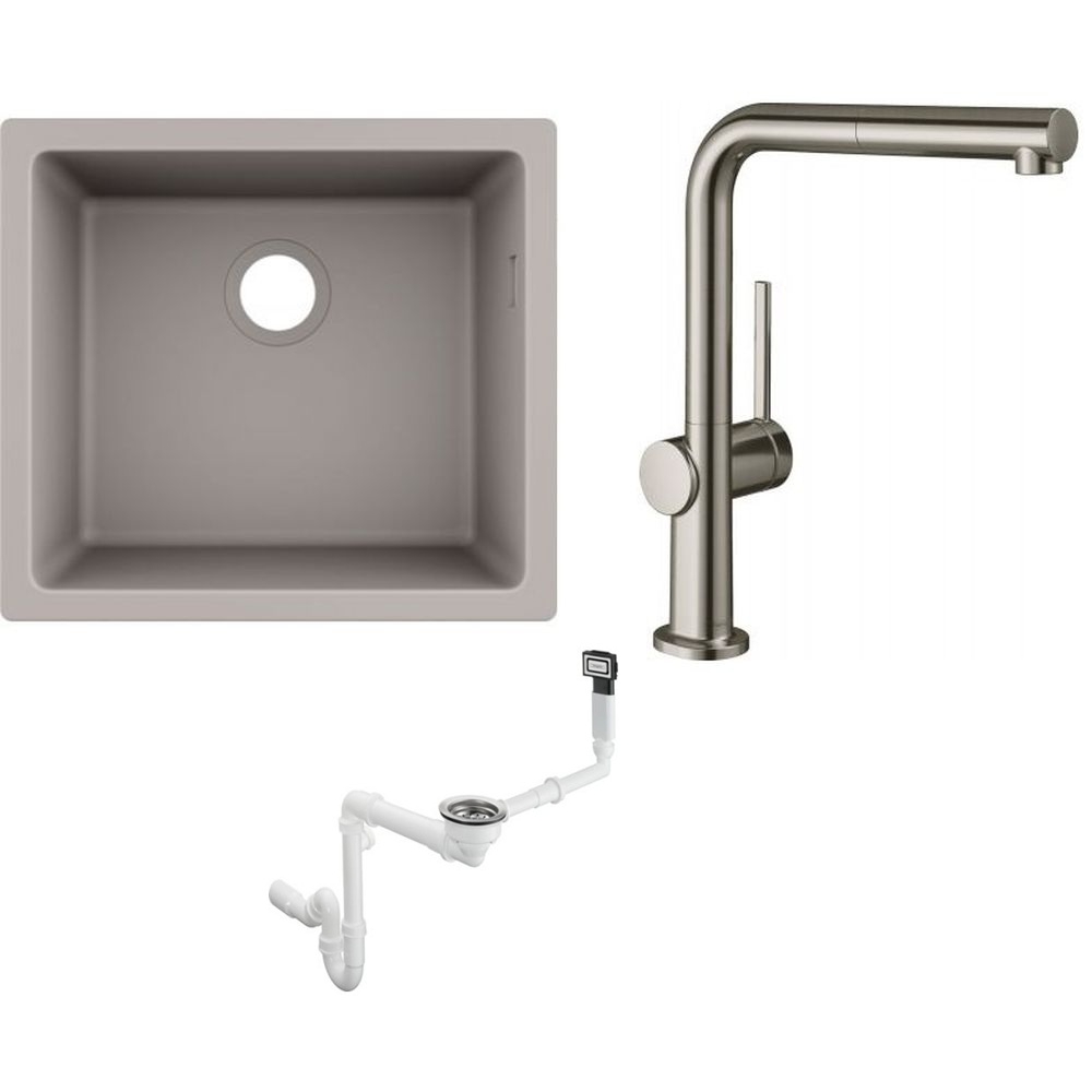 Zestaw Hansgrohe S510-U450 zlewozmywak granitowy szary z baterią kuchenną Talis stal i syfon (43431380, 72809800, 43927000)