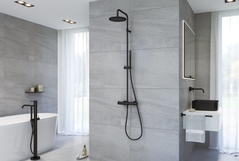 Kronenbach Lima 2.0 Black zestaw prysznicowy z baterią ścienny termostatyczny z deszczownicą czarny mat 100.2821 SM