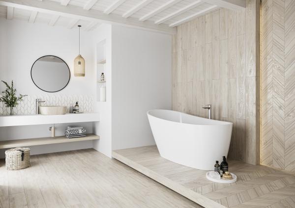 Paradyż Wildland Light dekor ścienno-podłogowy 14,8x88,8 cm chevron prawy STR beżowy