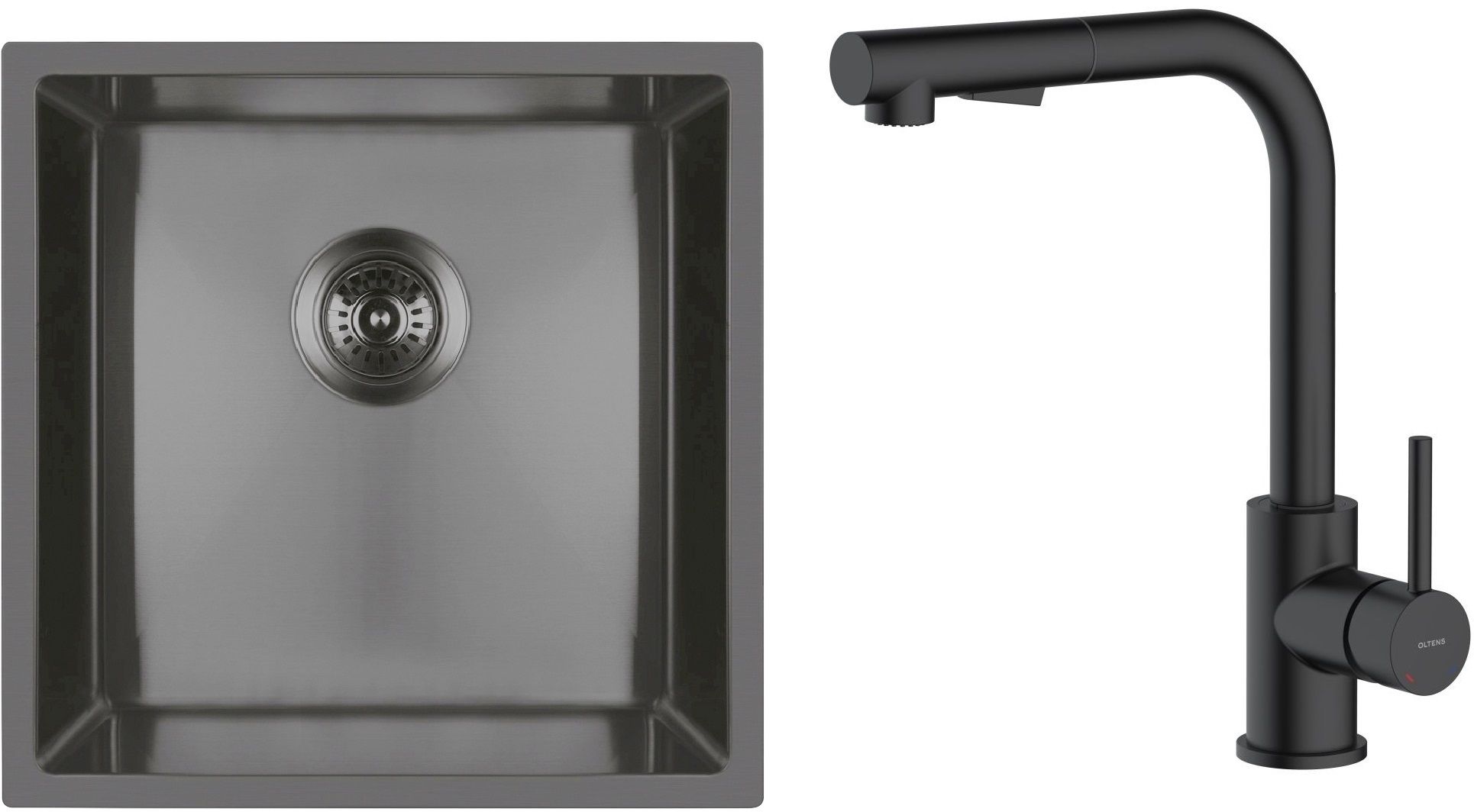 Zestaw Oltens Stalvask zlewozmywak stalowy 44x44 cm z baterią kuchenną Myvat czarny/czarny mat (71100300, 35205300) - Wysyłka w 24h