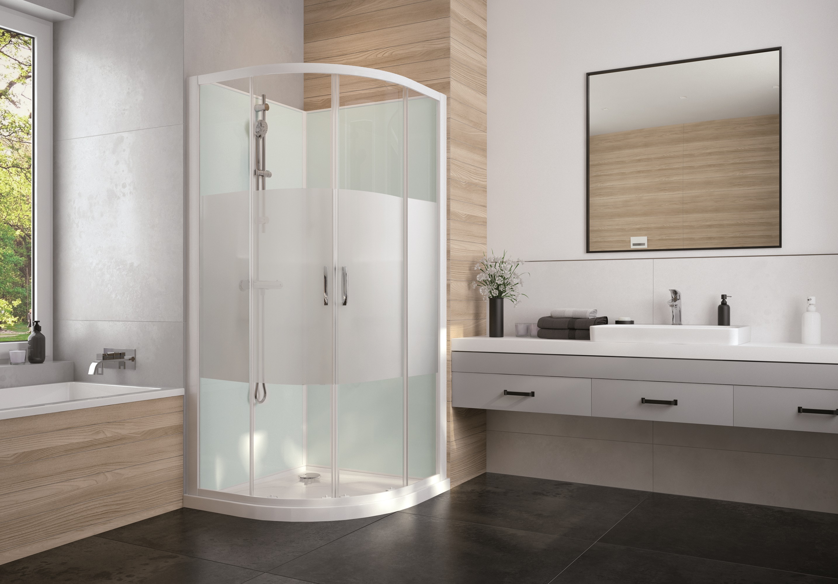 Sanplast Basic Complete Mineral kabina z brodzikiem i zestawem prysznicowym 80x80 cm półokrągła biały połysk/szkło ze wzorem ...