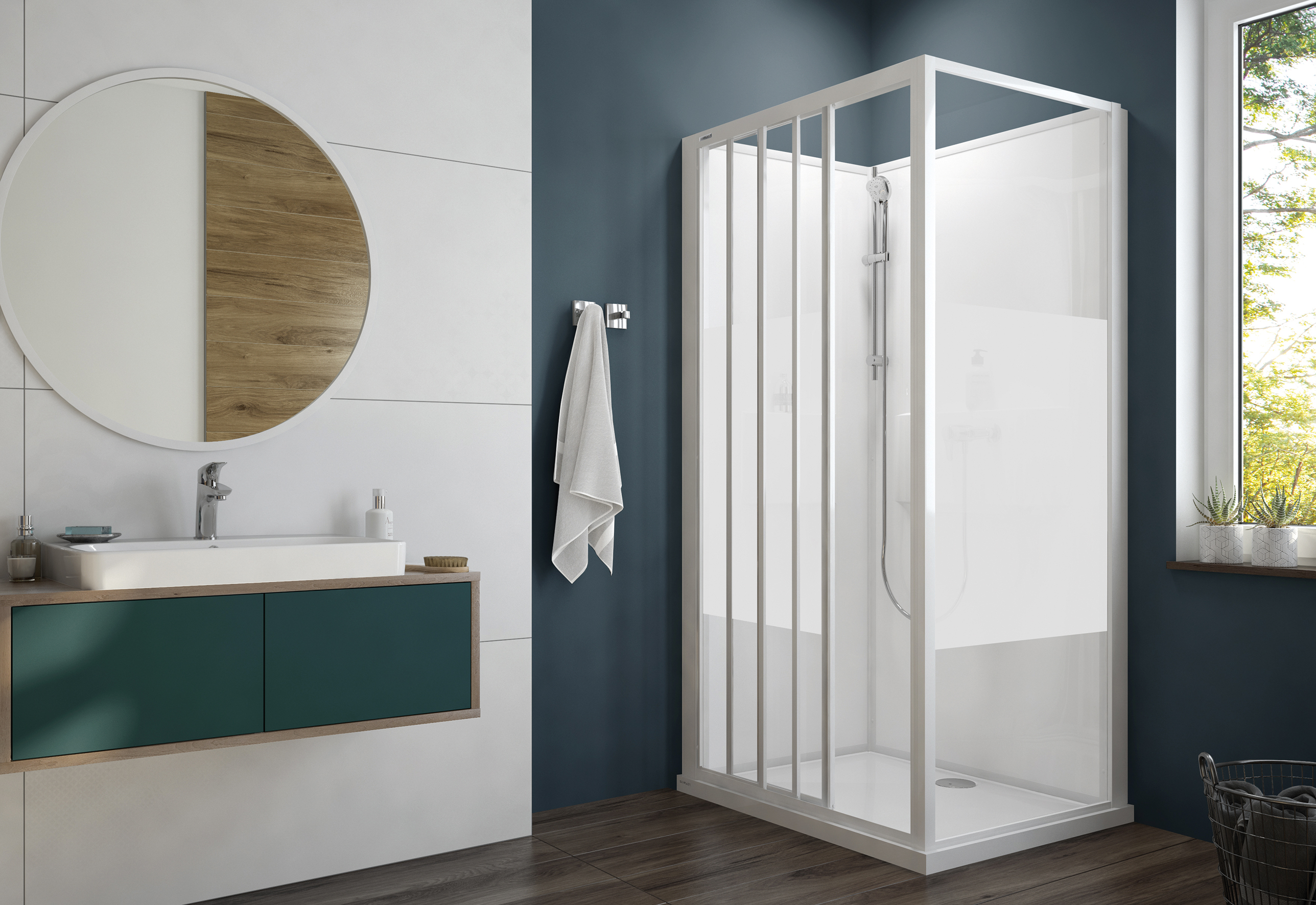 Sanplast Basic Complete Mineral kabina z brodzikiem i zestawem prysznicowym 80x120 cm prostokątna biały połysk/szkło ze wzorem ...