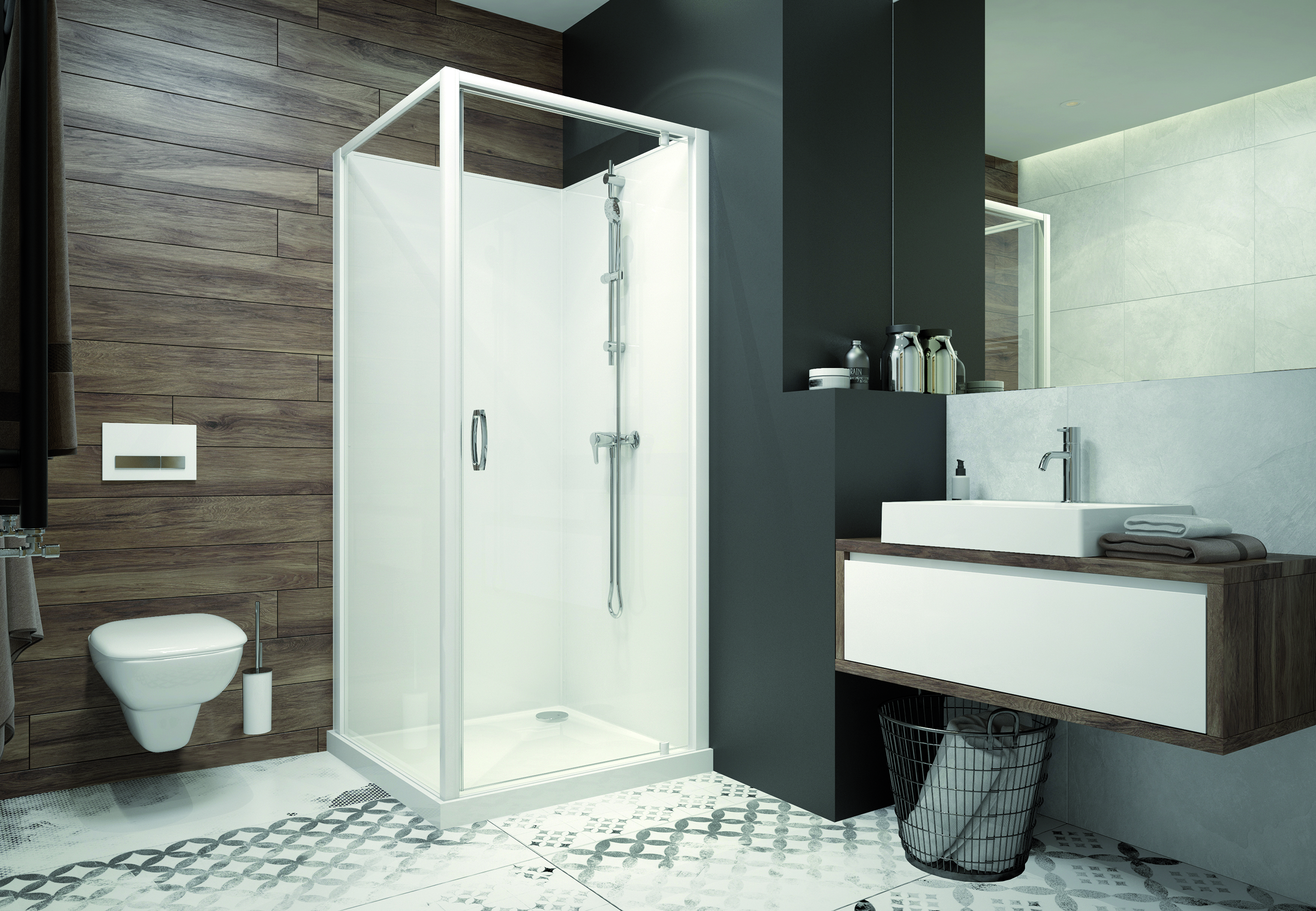 Sanplast Basic Complete Mineral kabina z brodzikiem i zestawem prysznicowym 80x80 cm kwadratowa biały połysk/szkło przezroczyste ...