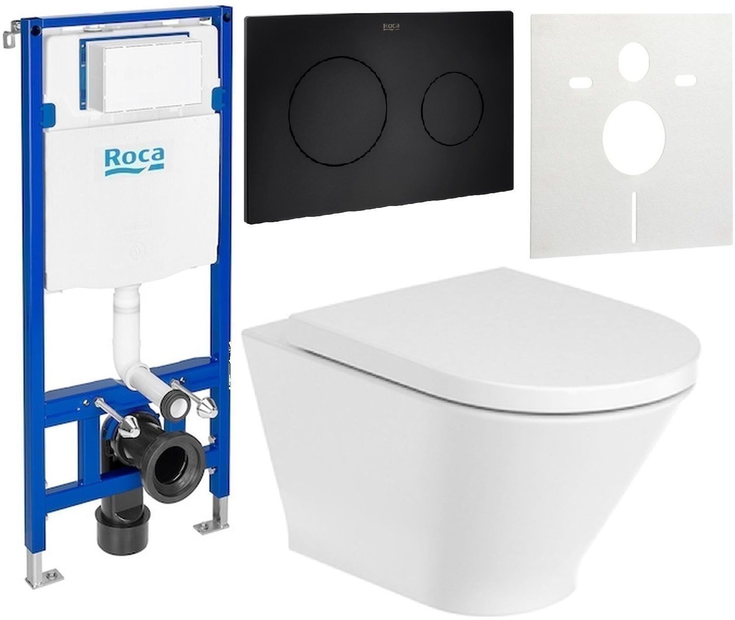 Zestaw Roca Gap Round miska WC wisząca Rimless z deską sedesową wolnoopadającą i stelaż podtynkowy Duplo One z przyciskiem ...