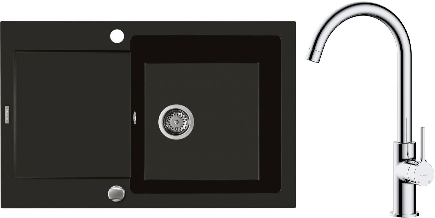 Zestaw Oltens Gravan zlewozmywak granitowy 1-komorowy 79x50 cm z baterią kuchenną Skafta czarny mat/chrom (72100300, 35206100) - Wysyłka w 24h