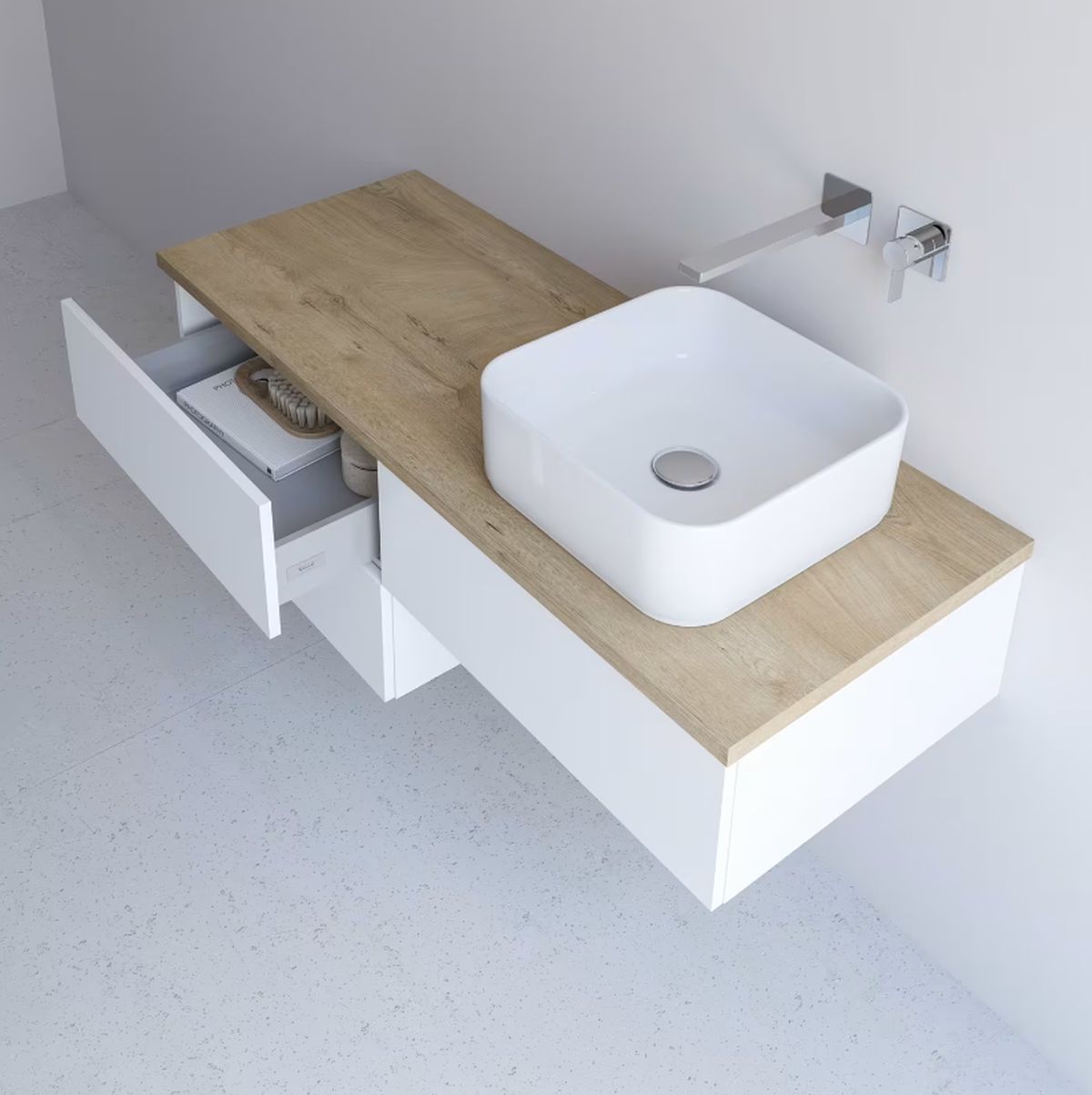 Kronenbach Cube szafka z blatem 161x48,7x44,5 cm podumywalkowa wisząca biały połysk-jasny dąb KBWTKOWTL1613WHGH