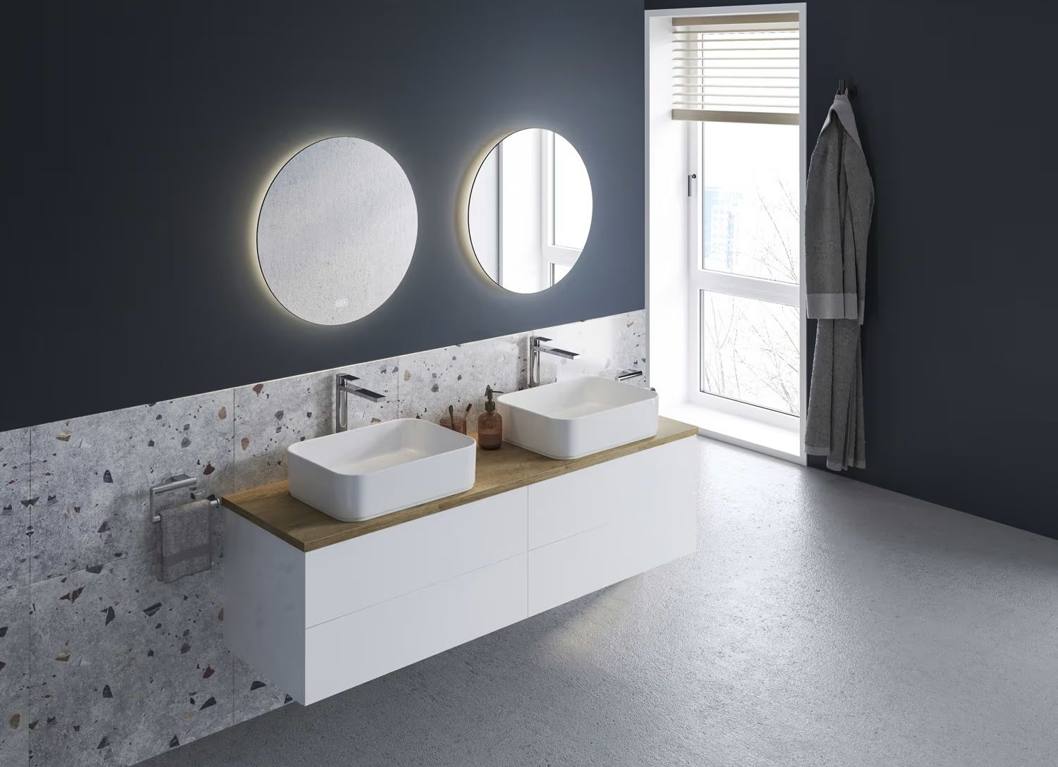 Kronenbach Cube szafka z blatem 161x48,7x44,5 cm podumywalkowa wisząca biały połysk-jasny dąb KBWTKOWT1614WHGH