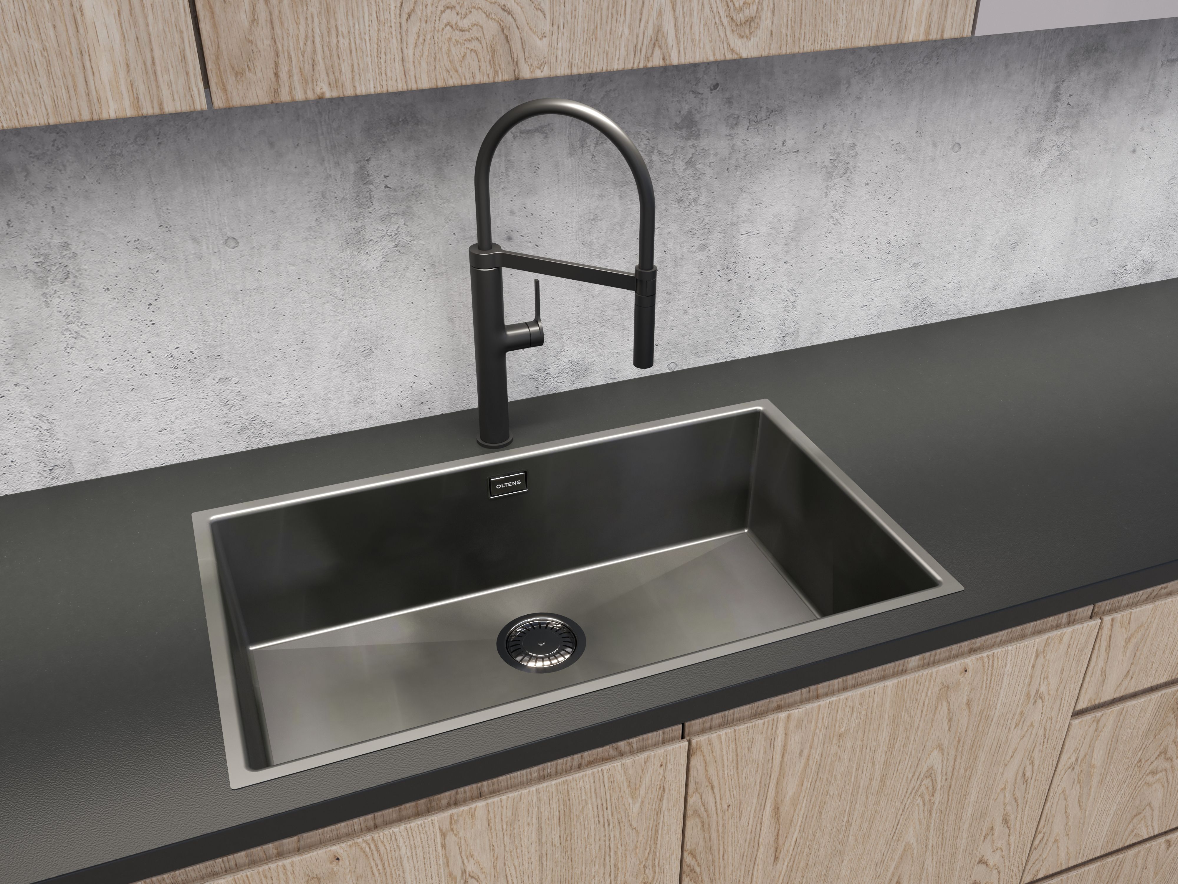 Zestaw Oltens Stalvask zlewozmywak stalowy 76x44 cm z baterią kuchenną Borga czarny/czarny mat (71102300, 35207300) - Wysyłka w 24h