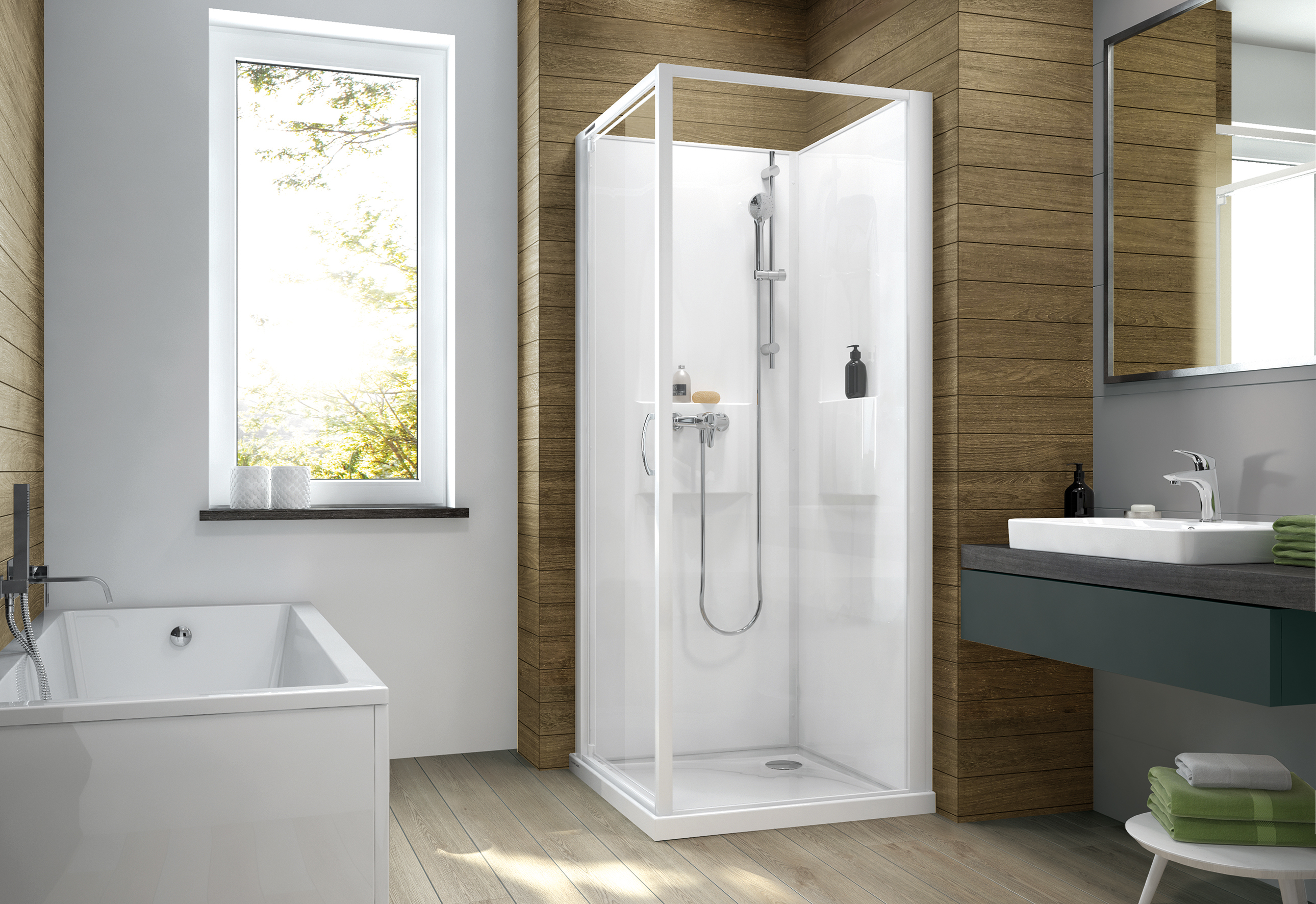 Sanplast Basic Complete Mineral kabina z brodzikiem i zestawem prysznicowym 90x90 cm kwadratowa biały połysk/szkło przezroczyste ...