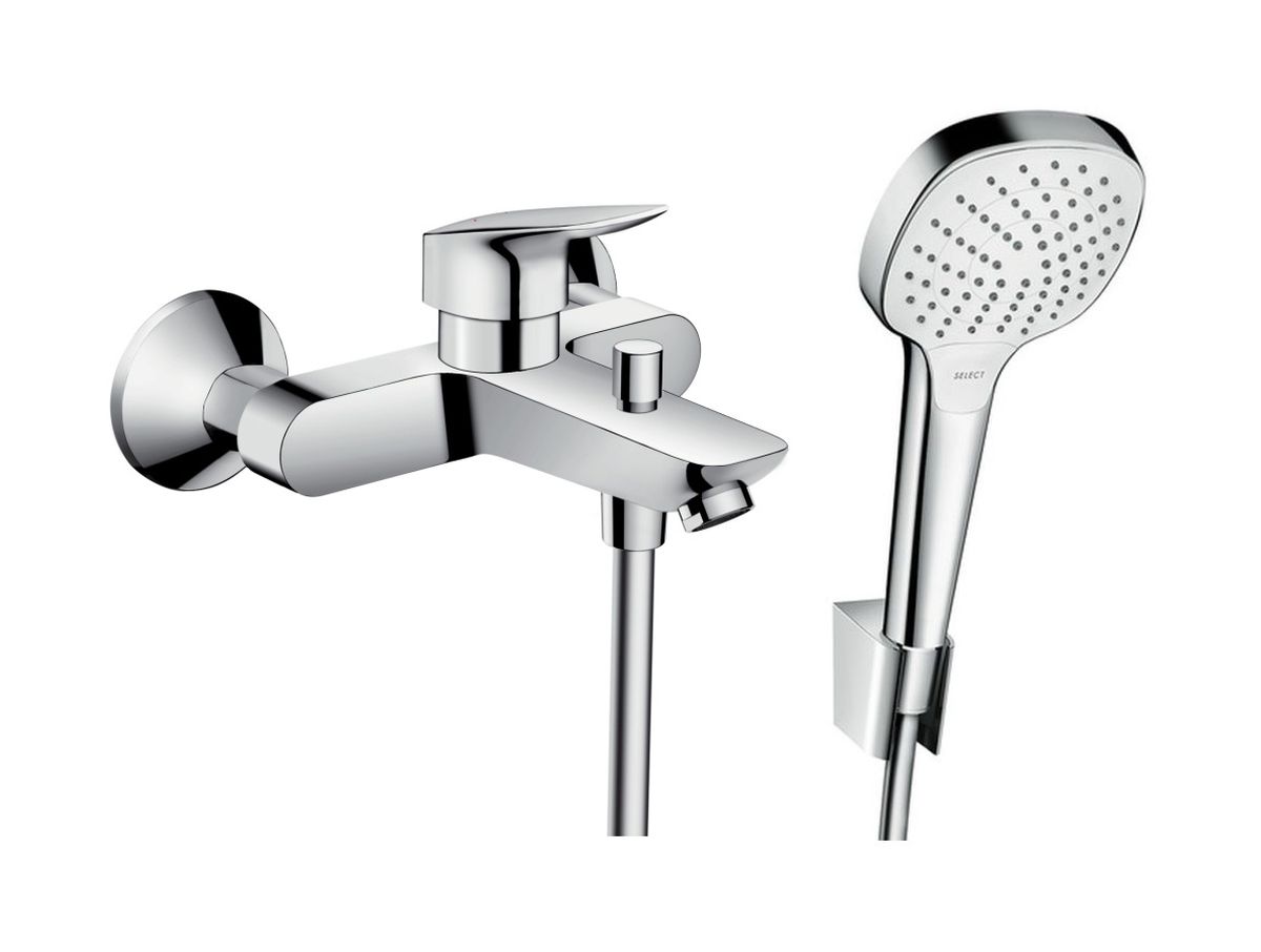 Zestaw Hansgrohe Logis bateria wannowo-prysznicowa z kompletem natryskowym Croma Select E ściennym chrom/biały (71400000, 26425400) - Wysyłka w 24h