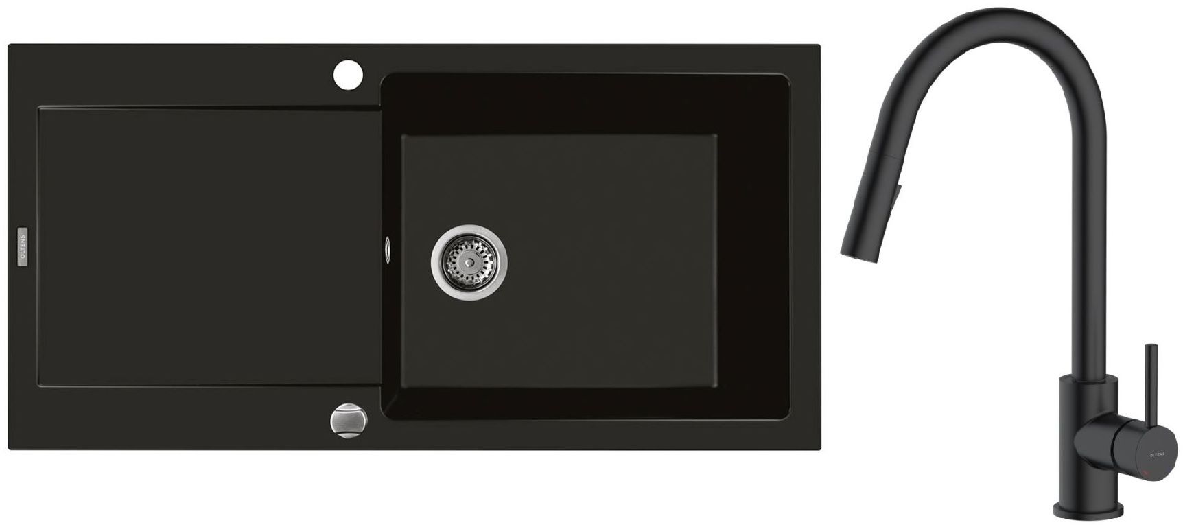 Zestaw Oltens Gravan zlewozmywak granitowy 1-komorowy 100x50 cm z baterią kuchenną Litla czarny mat (72101300, 35204300) - Wysyłka w 24h