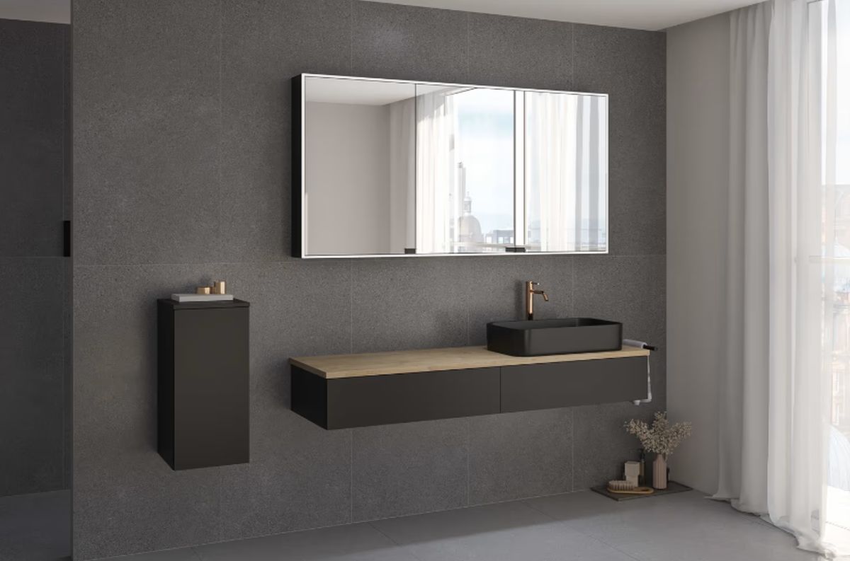 Kronenbach Cube szafka z blatem 161x48,7x23,5 cm podumywalkowa wisząca czarny mat-jasny dąb KBWTKOWTL1612SMGH