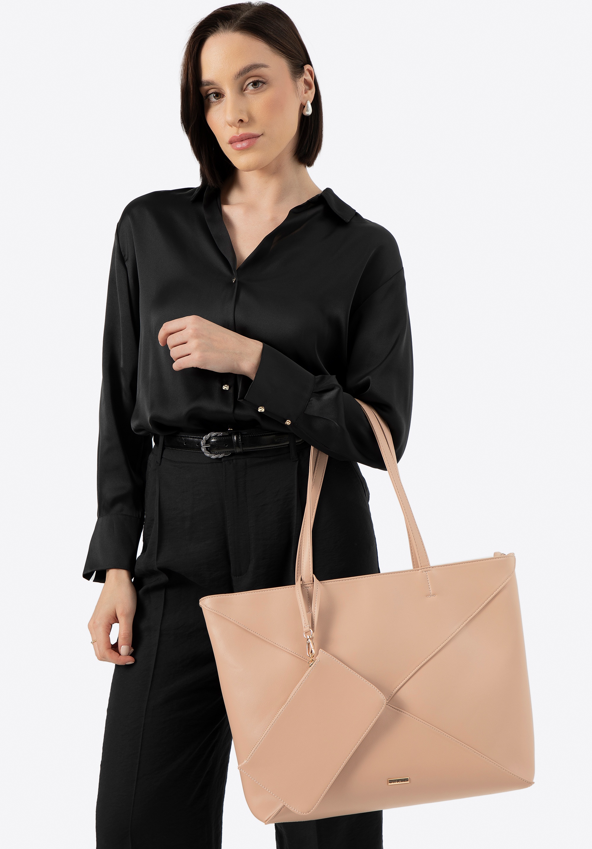 Damska shopperka z imitacji skóry w przeszycia beżowa