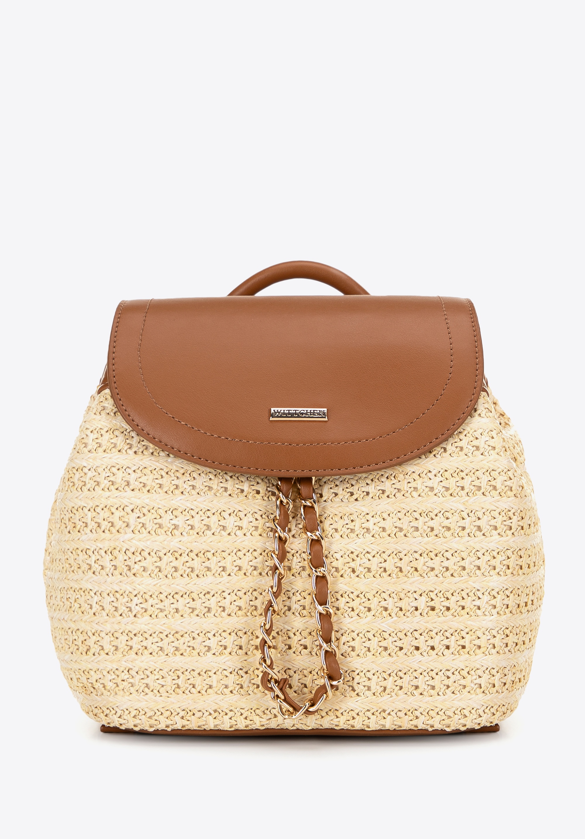 Pleciony plecak z troczkiem beżowo - brązowy