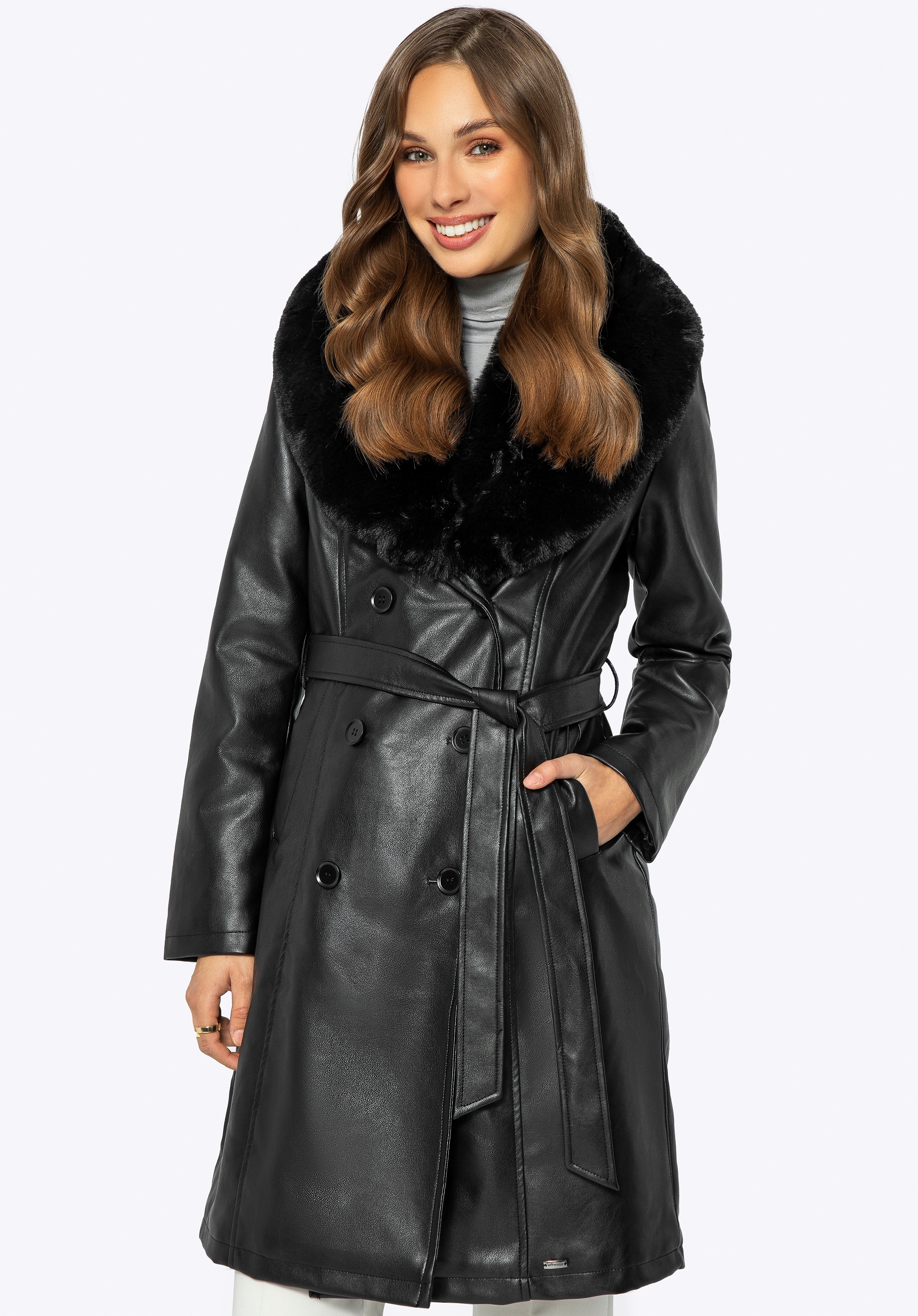 Damski płaszcz z ekoskóry i sztucznego futra czarny