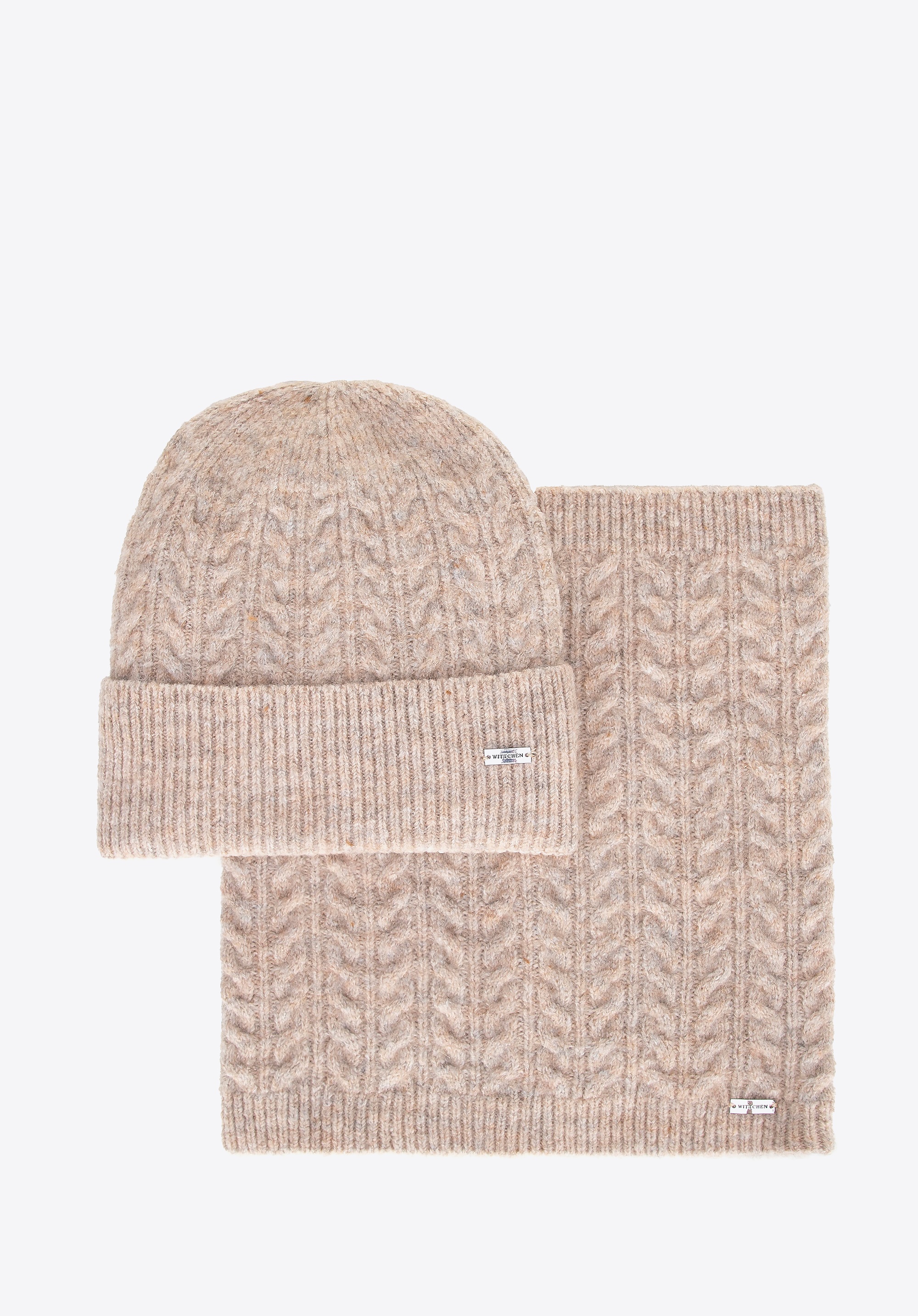 Zestaw damski zimowy – czapka i komin w splot warkoczowy beżowy