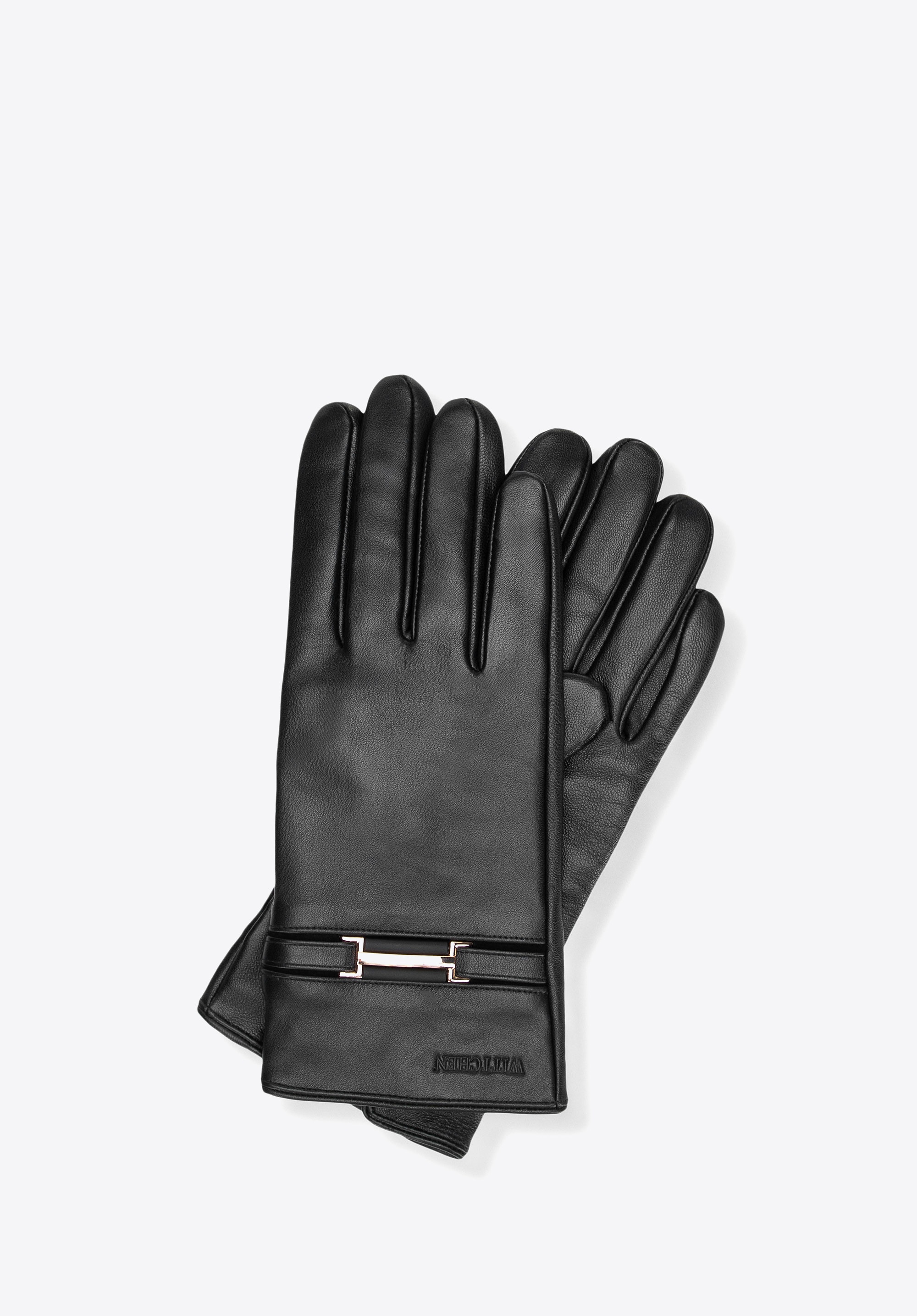 Damskie rękawiczki ze skóry naturalnej z ozdobnym paskiem czarne