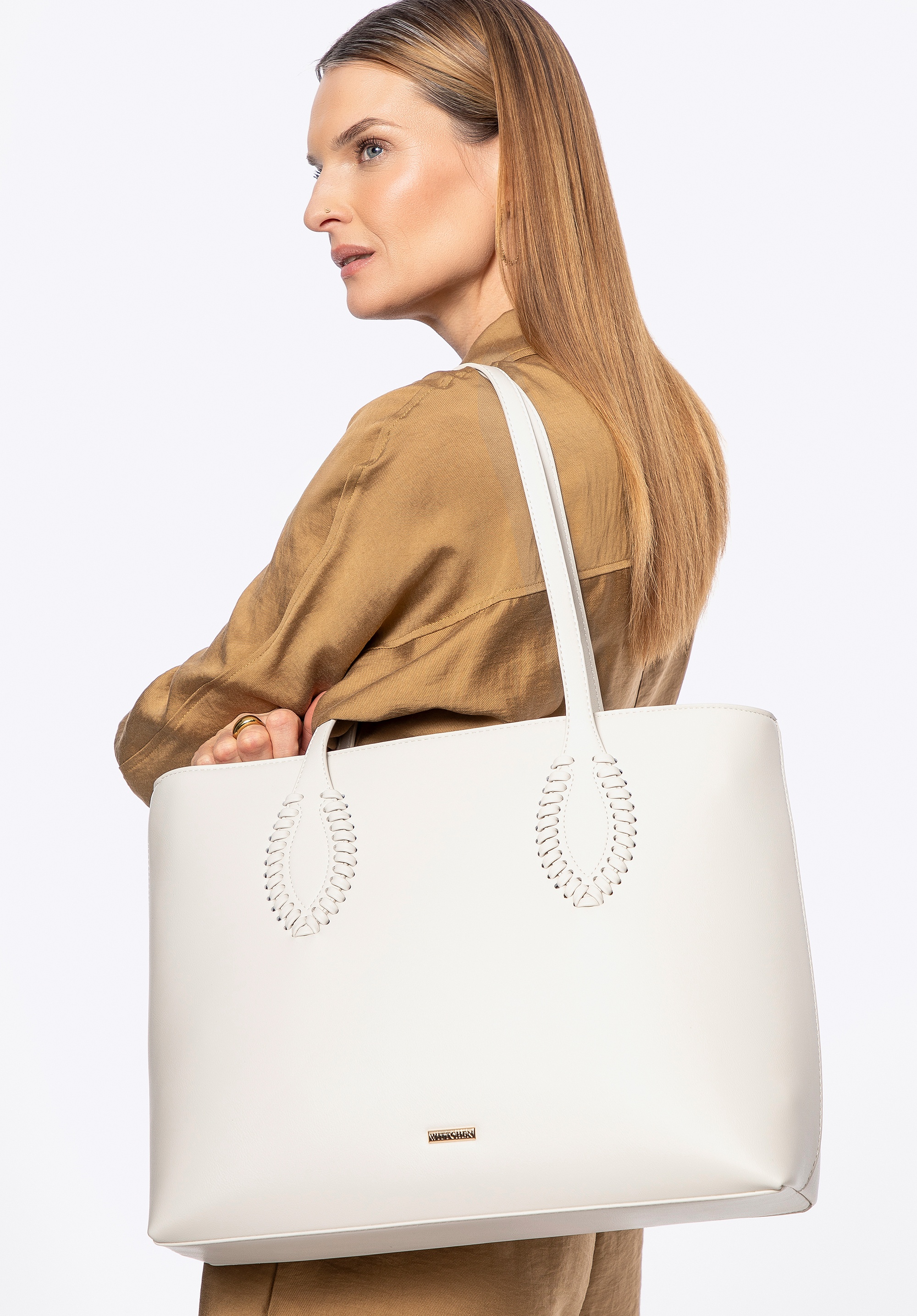 Damska shopperka ze skóry ekologicznej z plecionymi akcentami kremowa