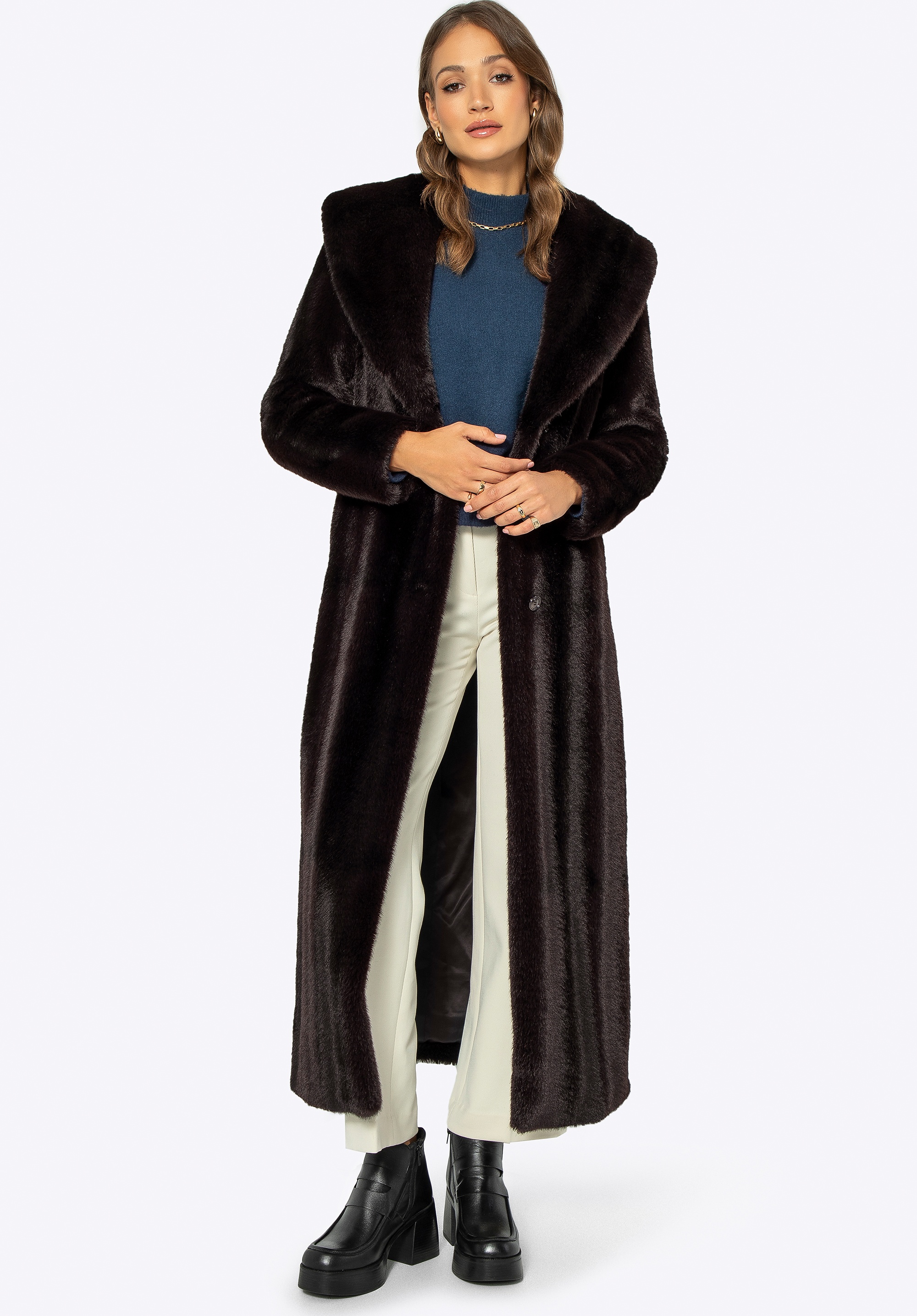 Damski płaszcz ze sztucznego futra klasyczny ciemny brąz