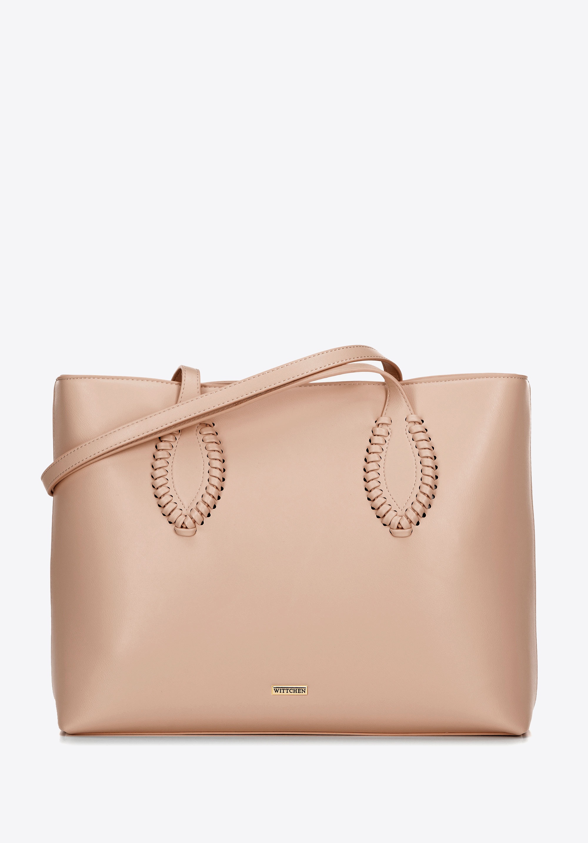 Damska shopperka ze skóry ekologicznej z plecionymi akcentami beżowa