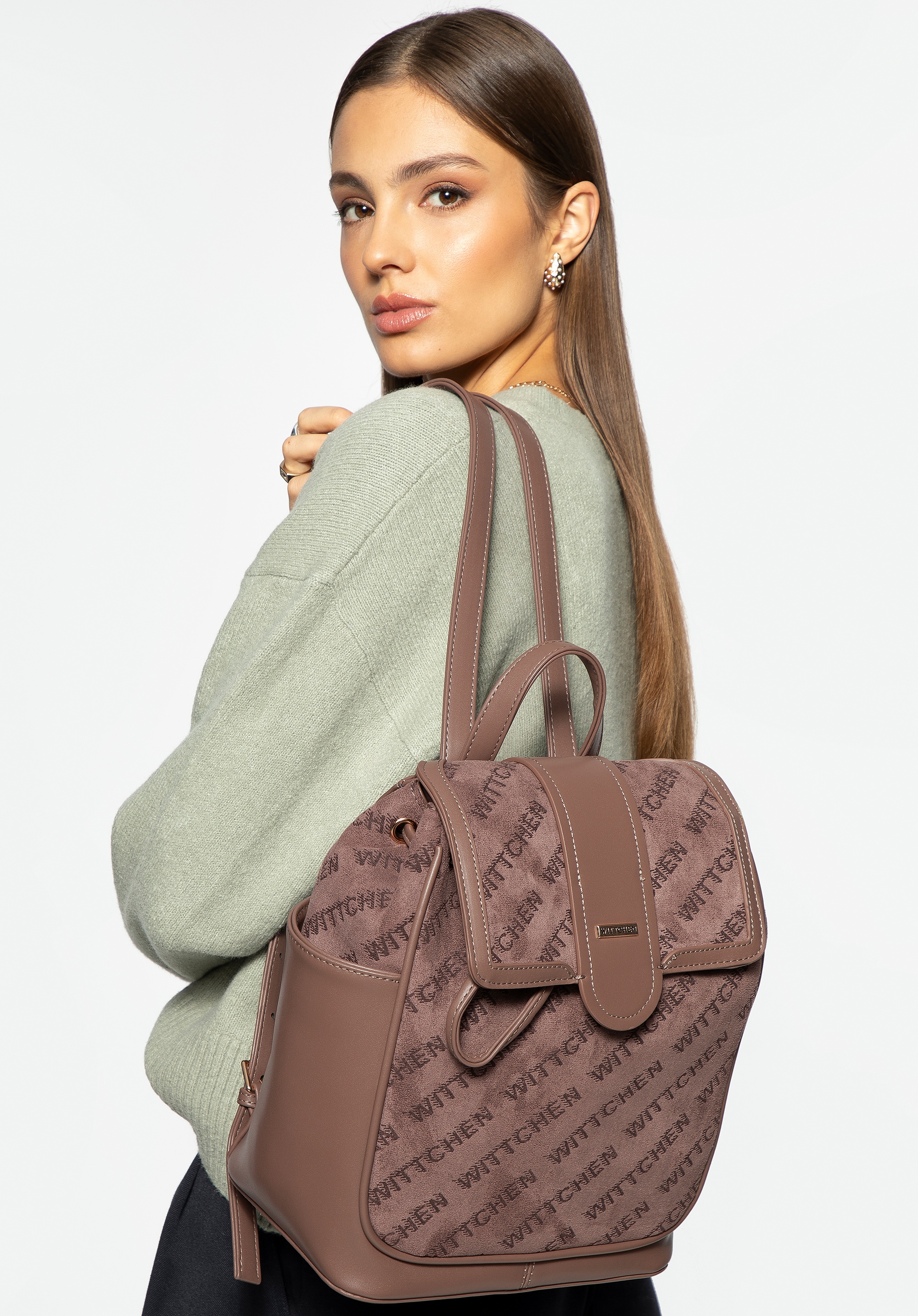 Damski plecak z ekoskóry z materiałową wstawką beżowy