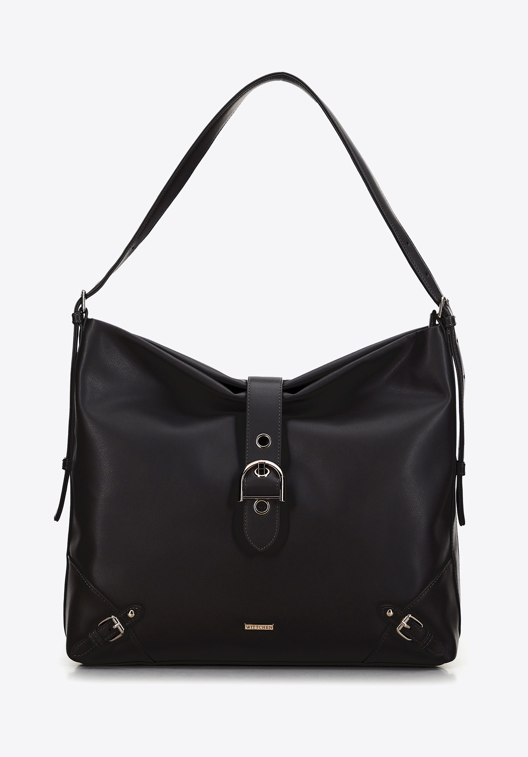 Torebka worek z ekoskóry z ozdobnym zapięciem czarna