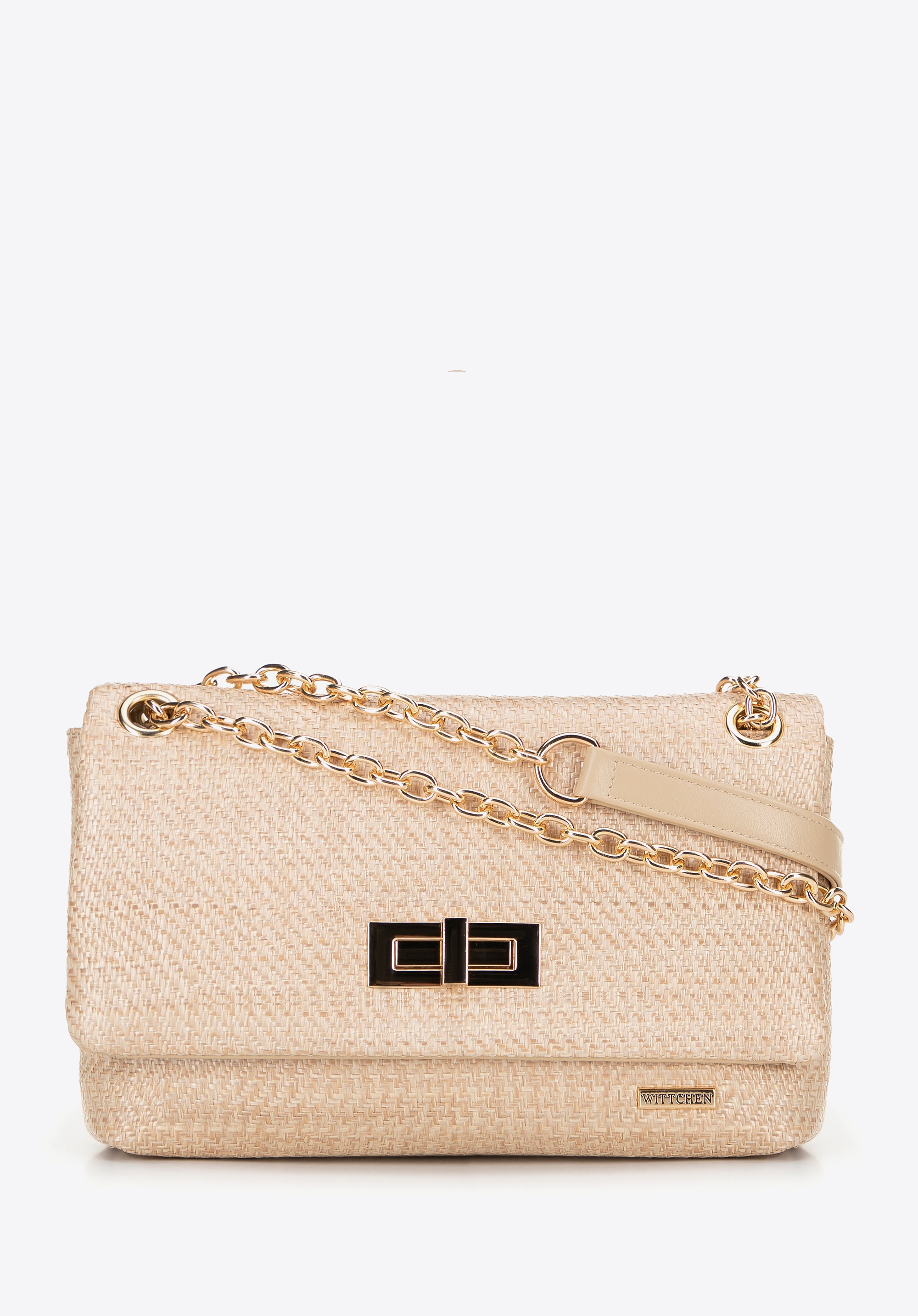 Damska crossbody z plecionki na łańcuszku beżowa