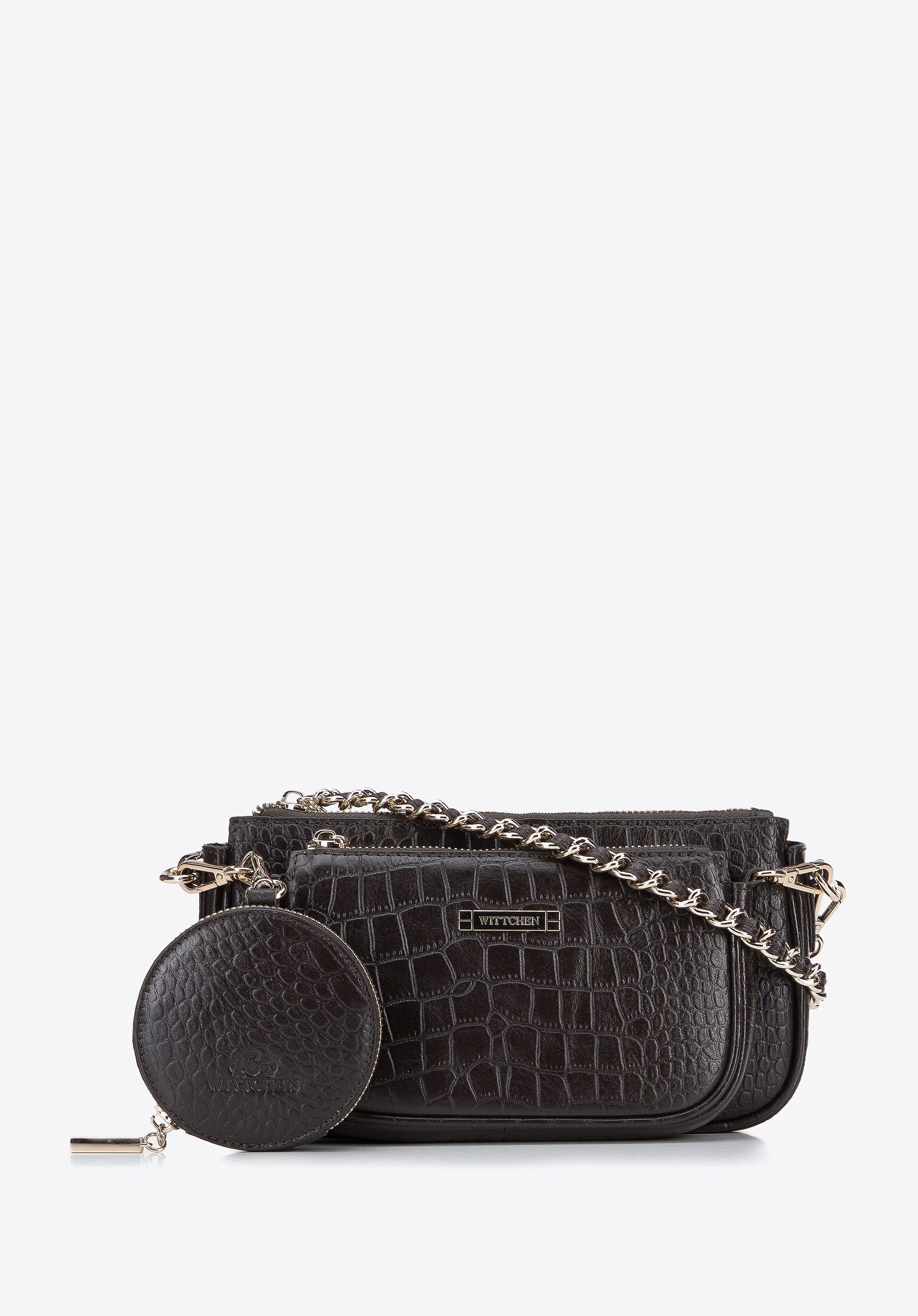 Damska torebka ze skóry o fakturze croco podwójna z etui ciemny brąz