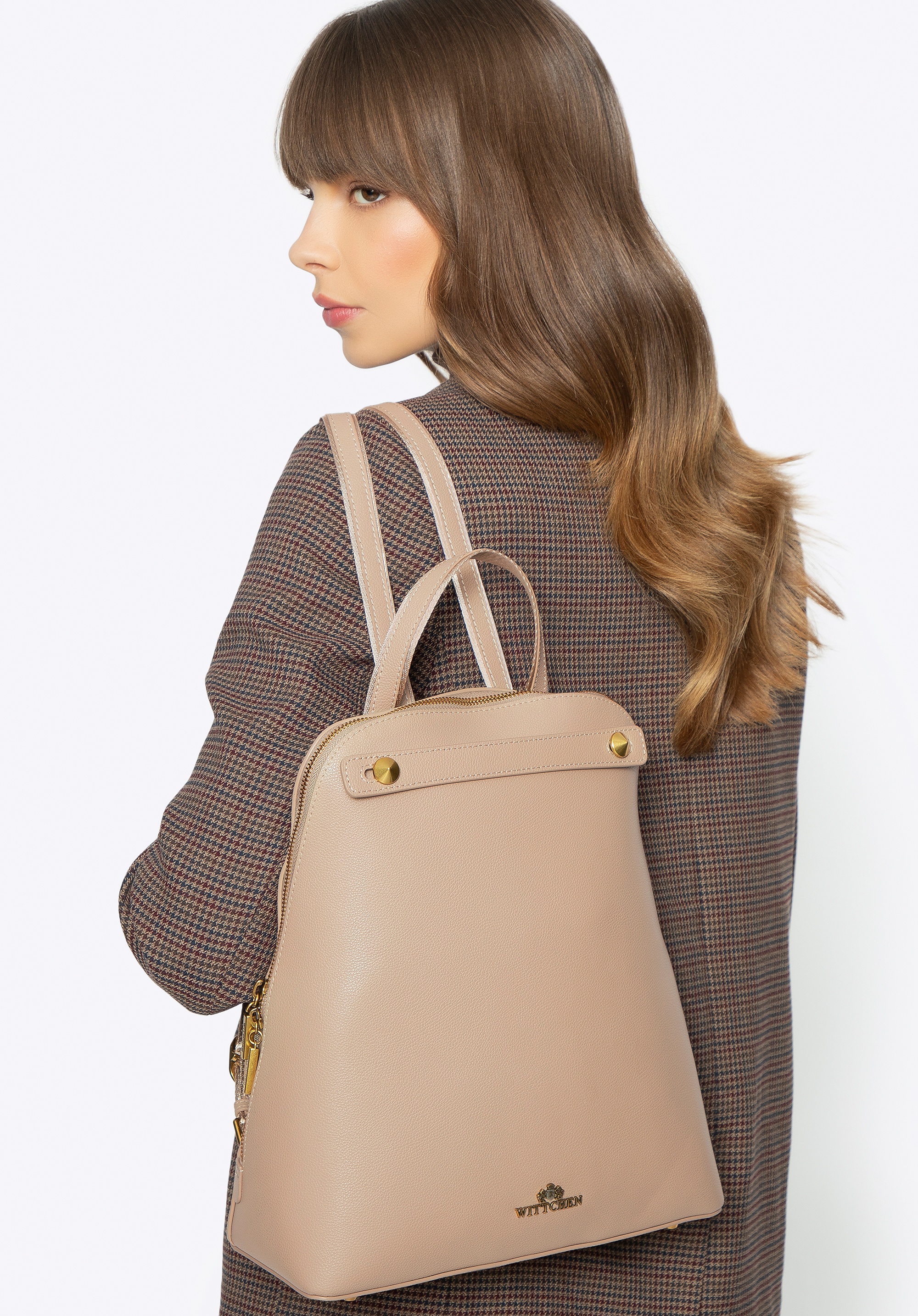 Damski plecak skórzany trapezowy beżowy