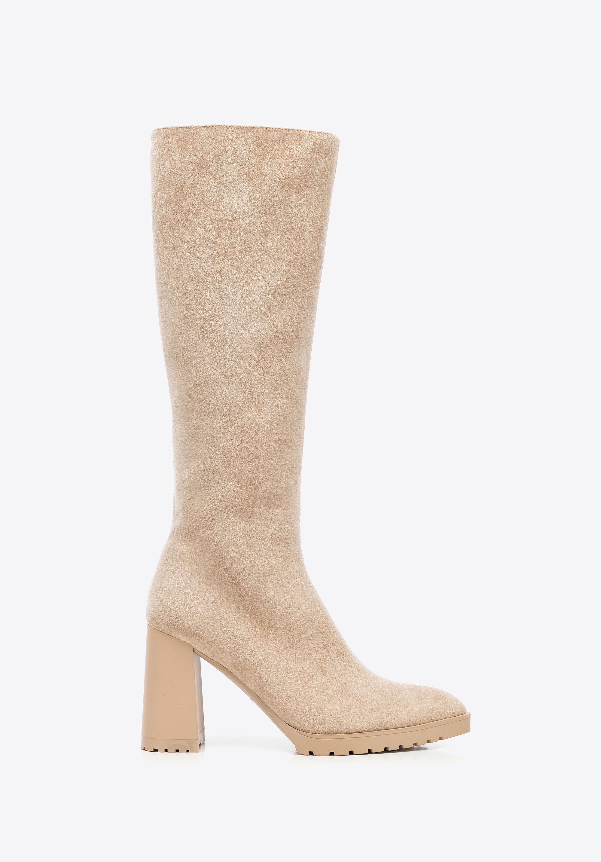 Damskie kozaki z imitacji zamszu na słupku beżowe