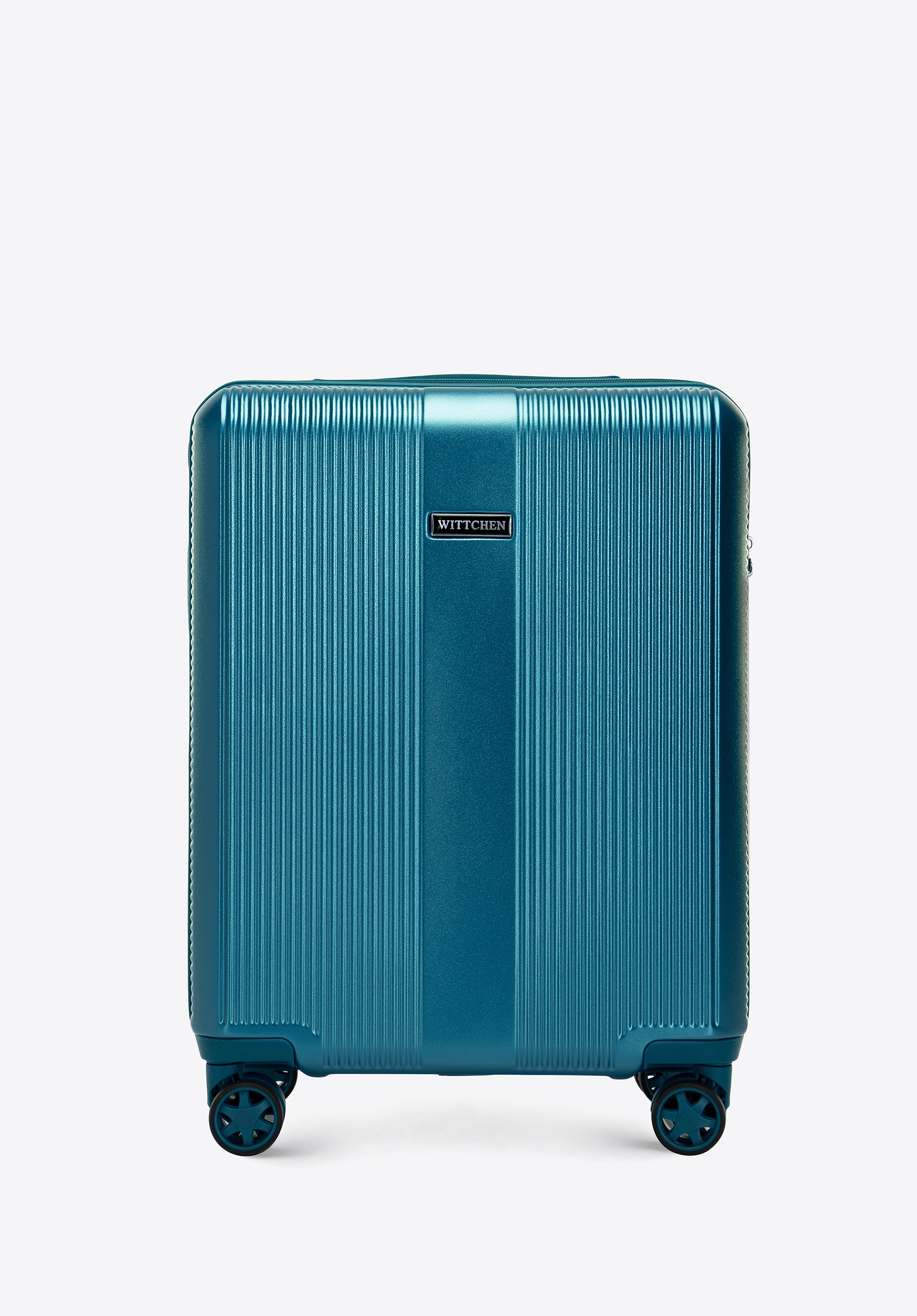 Mała walizka z polikarbonu w pionowe tłoczenia niebieska