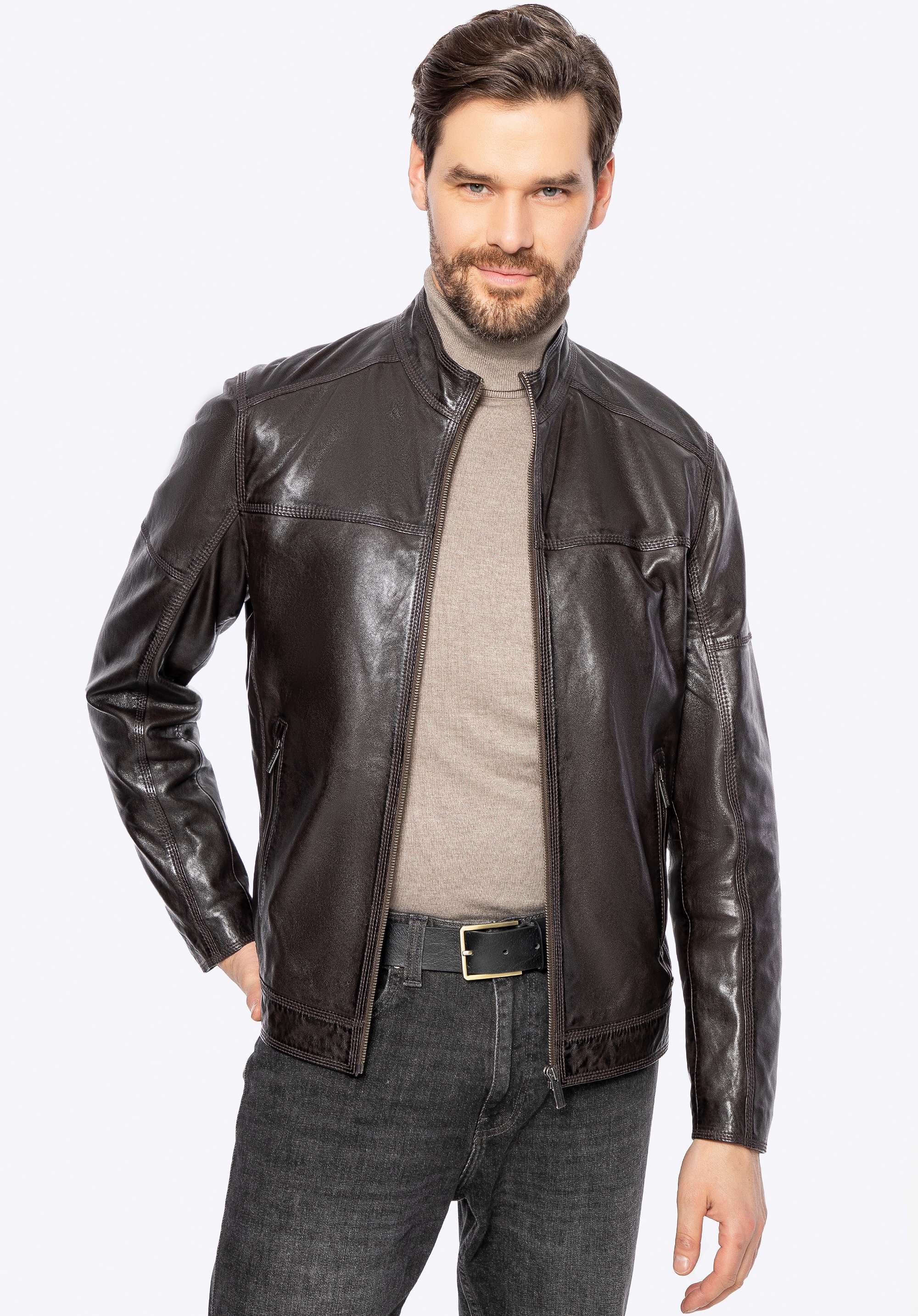 Męska kurtka biker ze skóry naturalnej ciemny brąz