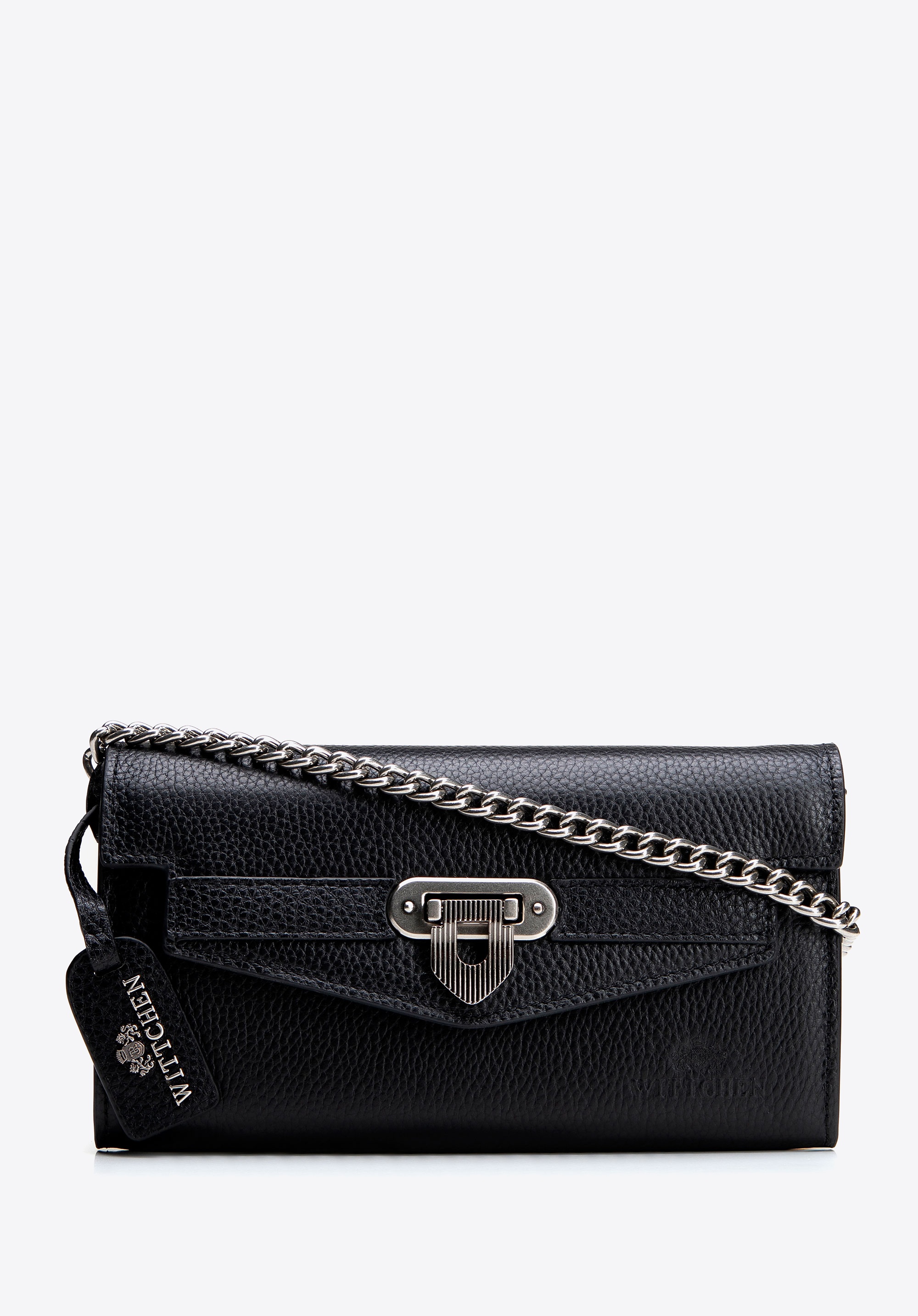 Damska kopertówka ze skóry naturalnej na łańcuszku czarna