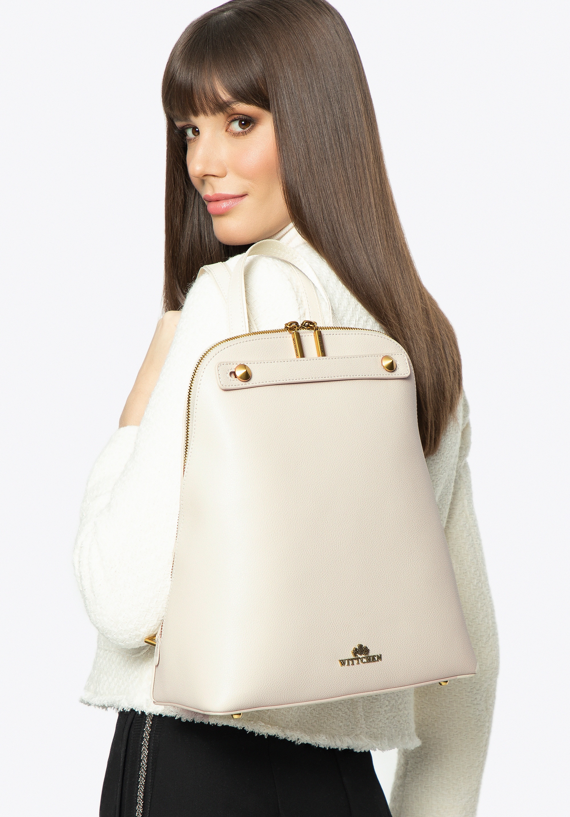 Damski plecak skórzany trapezowy kremowy