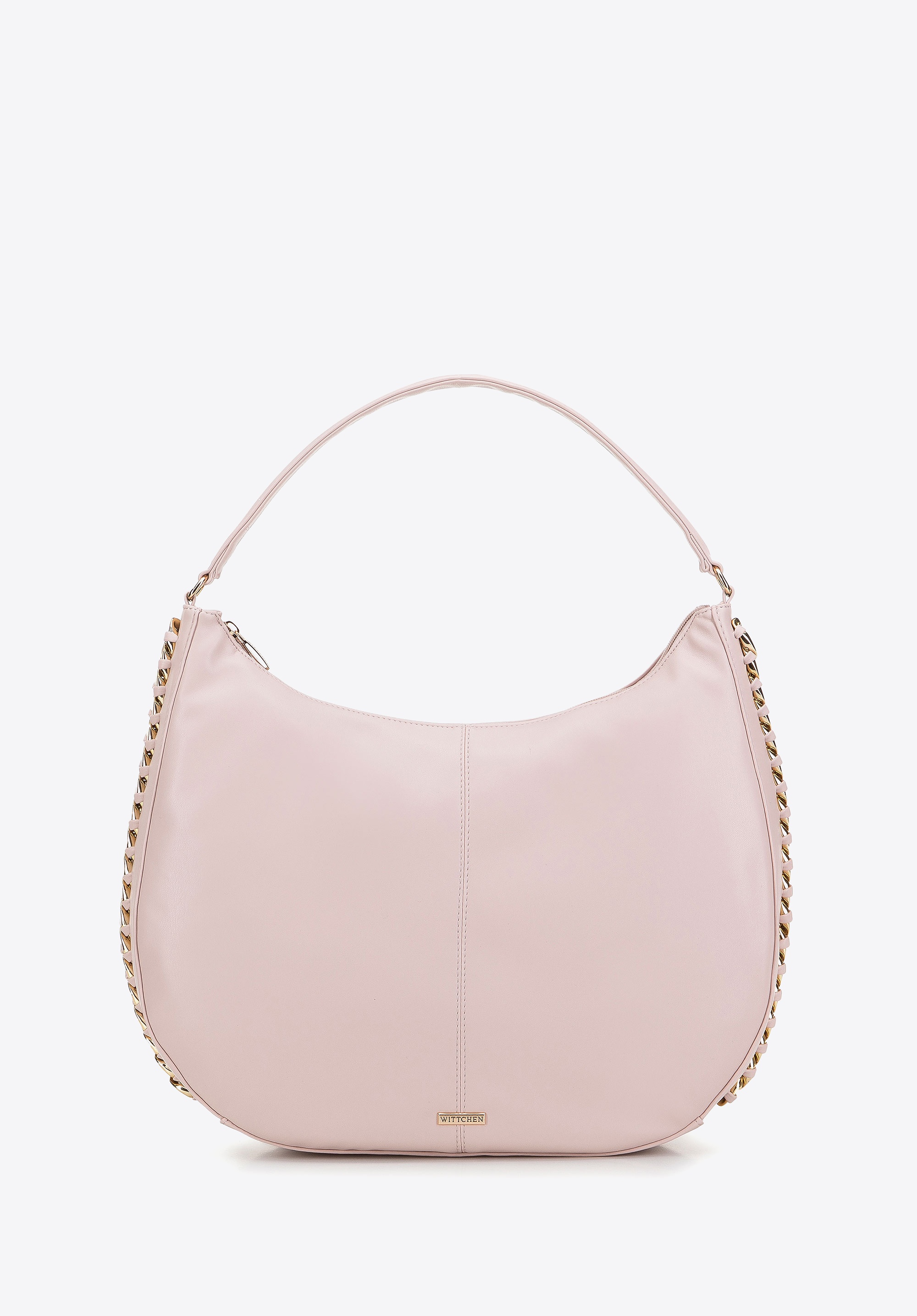 Torebka worek z ekoskóry obszyta łańcuszkiem różowa