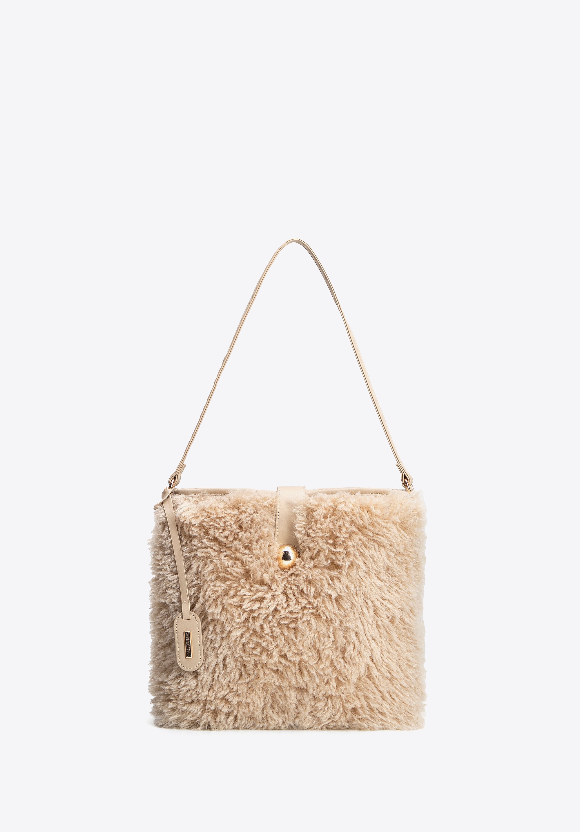 Damska torebka worek ze sztucznego futerka beżowa