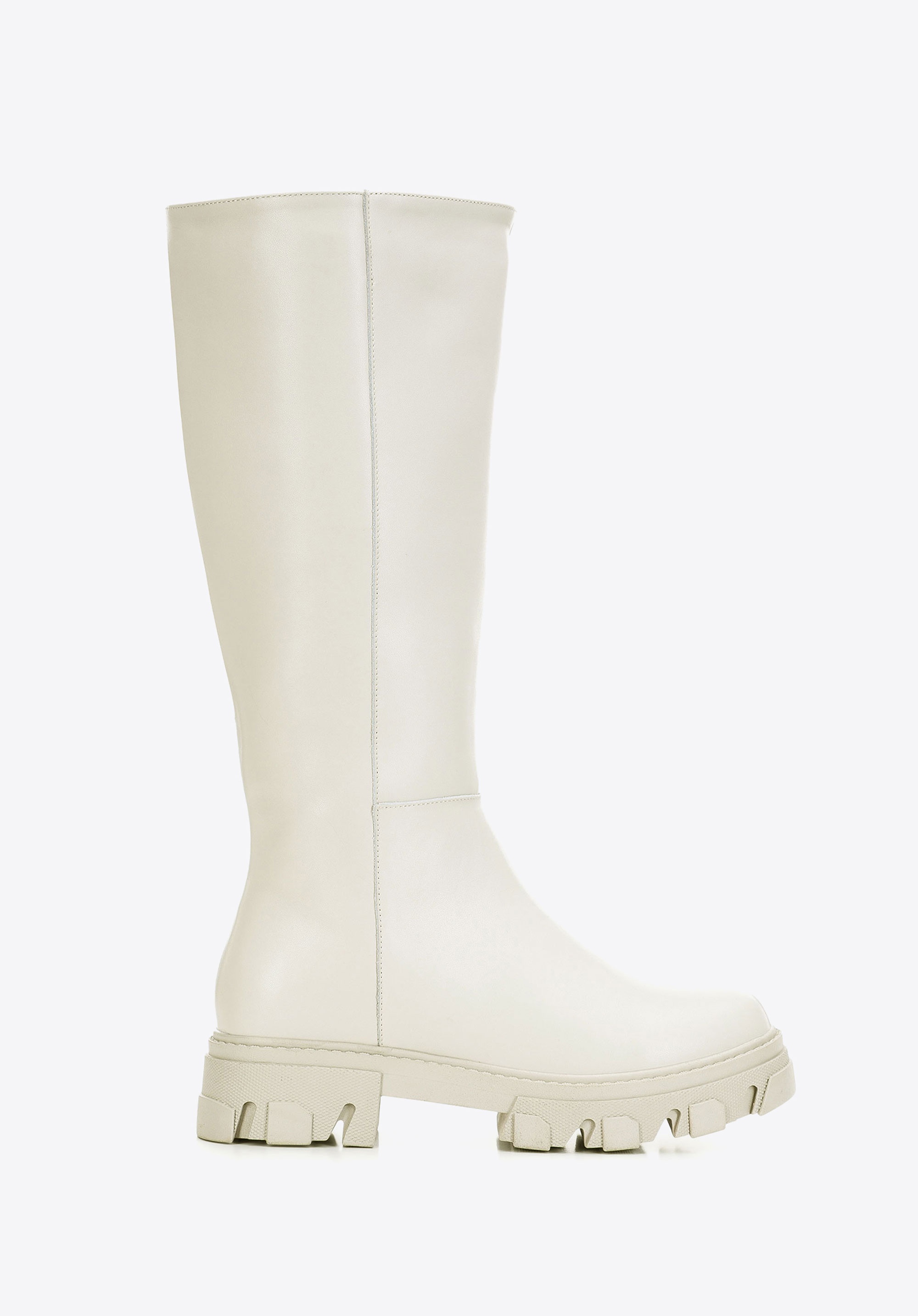 Damskie kozaki skórzane na grubej podeszwie z suwakiem szarobeżowe