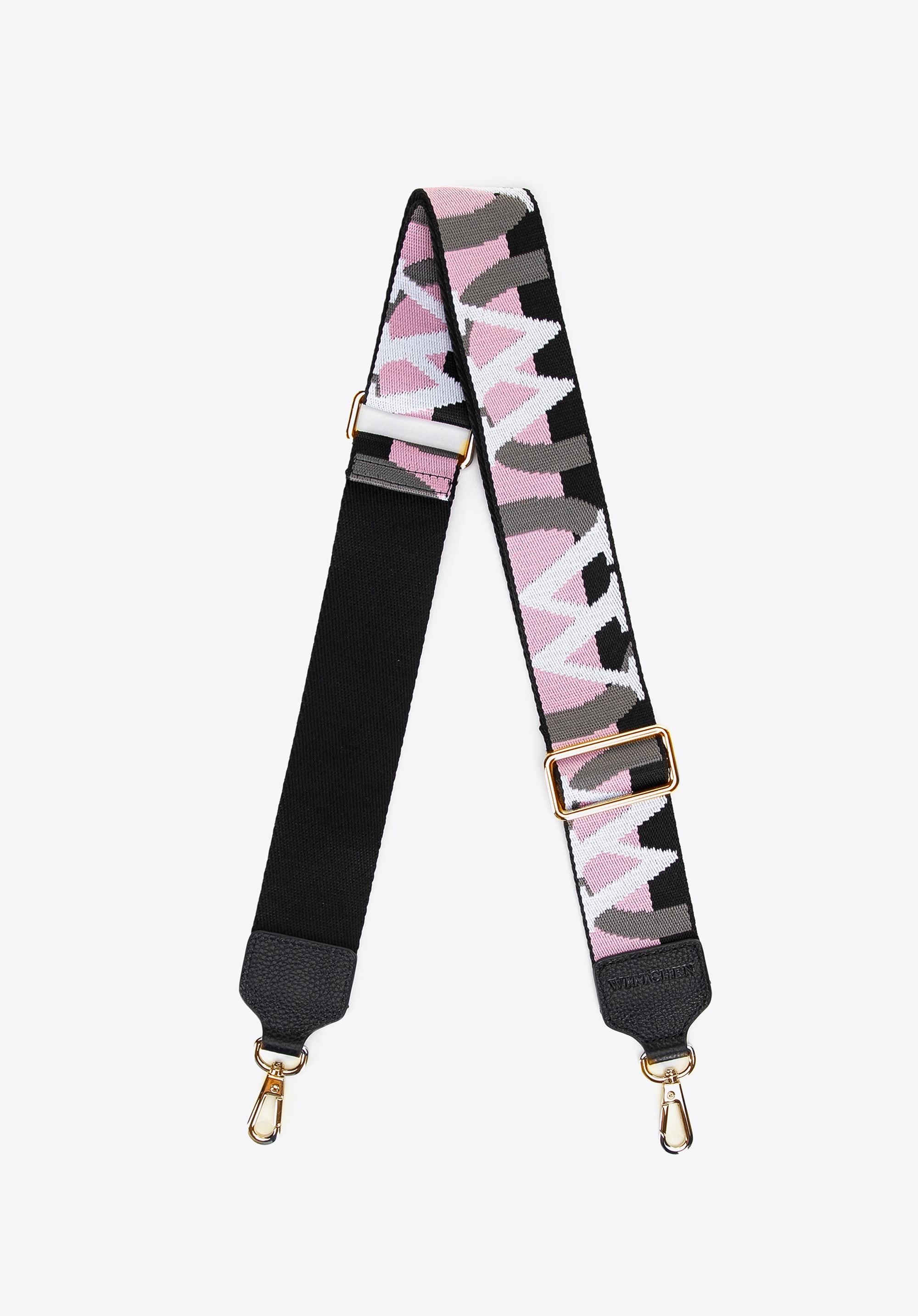 Pasek do torebki z wyszywanym logo producenta czarno - różowy